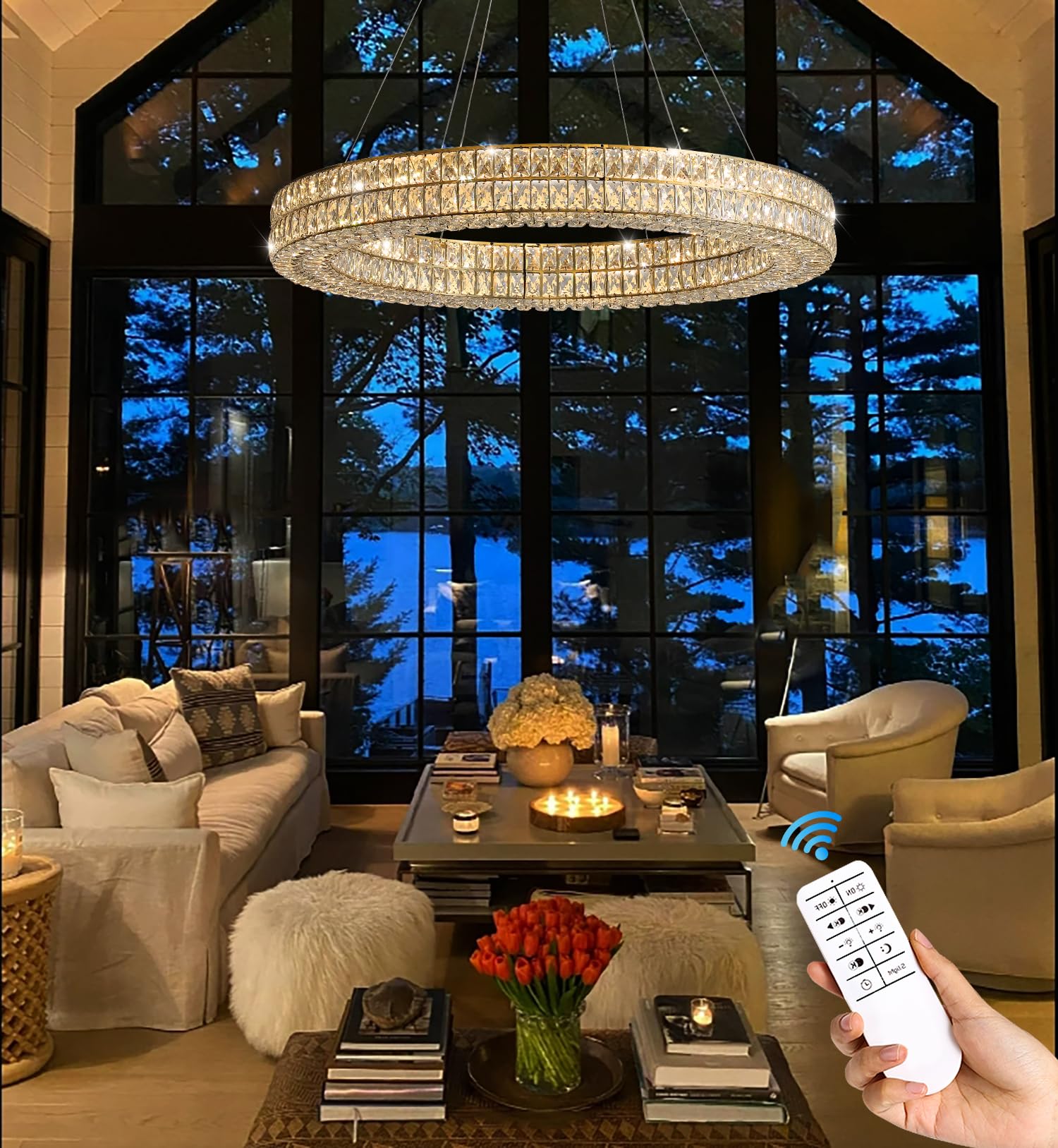 IDEQUY LED Ring Crystal Chandelier, 40in Gold, Modern Dimmable Lighting, Stainless Steel & Acrylic, Model CF8024-100J