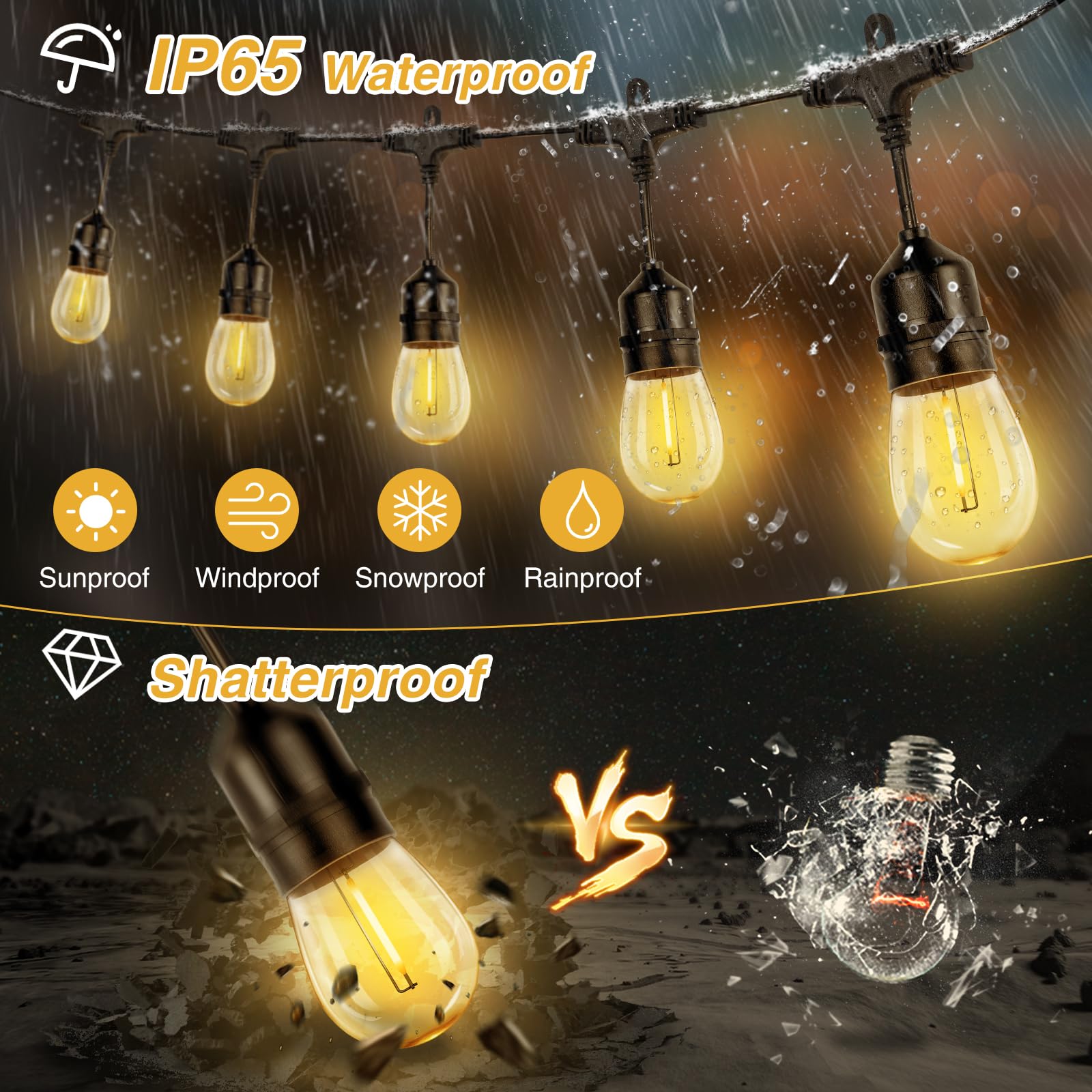 ZJOJO Solar String Lights 60FT, 15 Shatterproof Bulbs, Waterproof, Black, Model GY-S-E2615