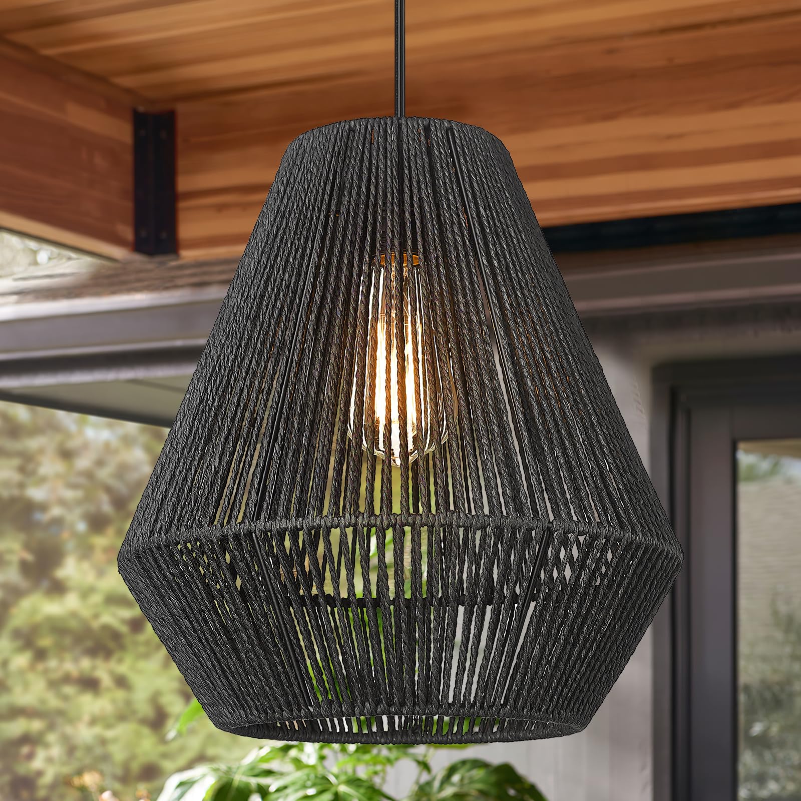 Elyona 11.8&quot; Modern Woven Pendant Light - Black Rattan Shade For Kitchen, Dining, Bar, Bedroom