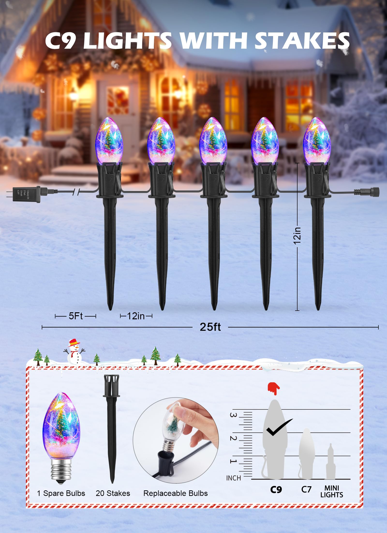 C9 Christmas Pathway Lights Outdoor, 25Ft 20 Led Christmas String Lights With Stakes, 4 Light Modes, Waterproof Connectable Chri