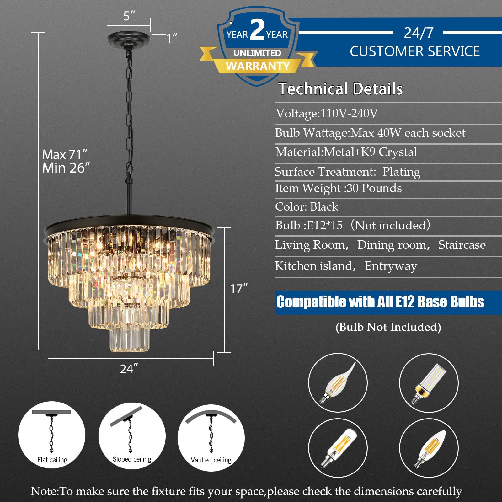 Weesalife Crystal Chandeliers - 15 Lights Black Modern Fixture, 24" Round Lighting for Dining Room, Living Room, Bedroom, Kitchen