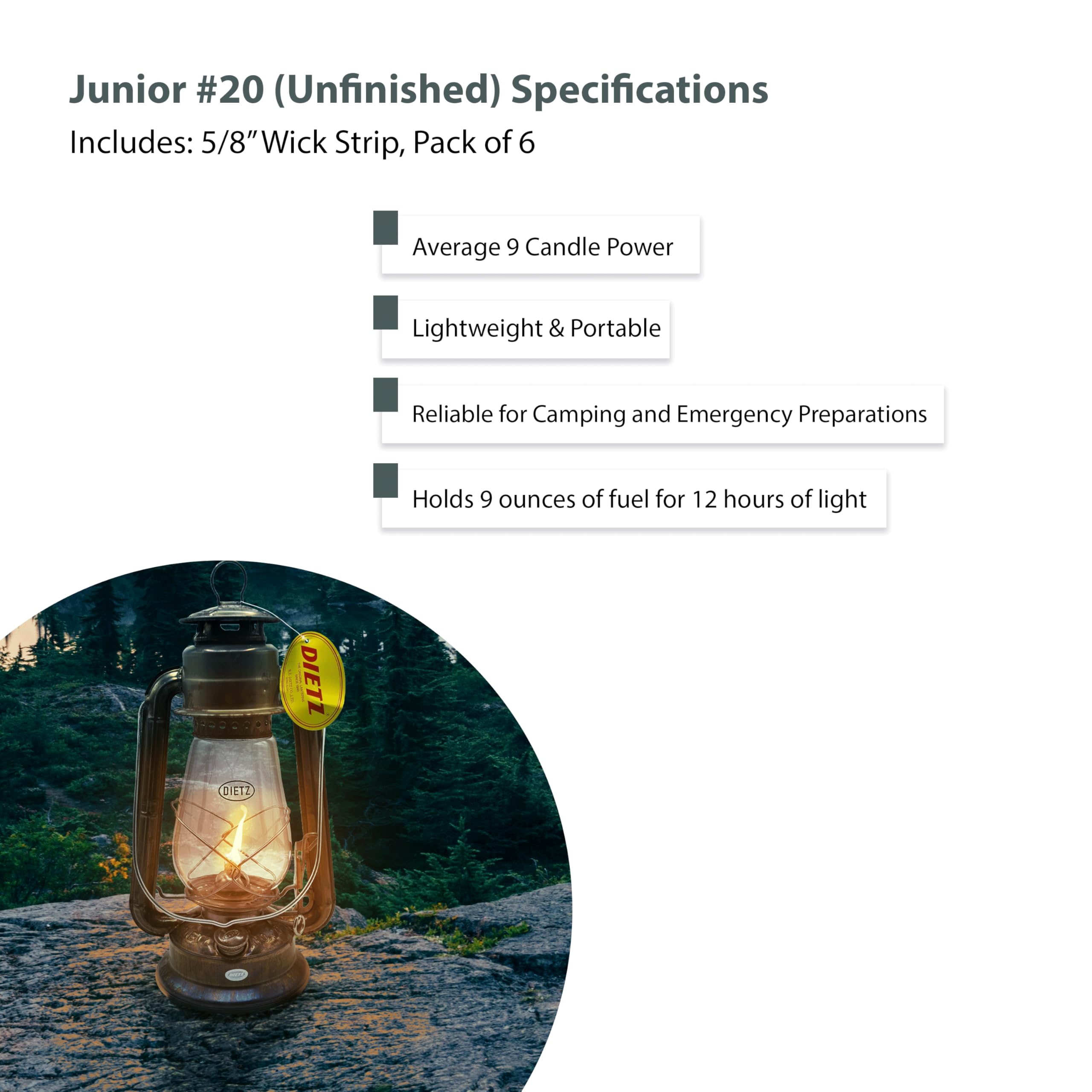 Light of Mine - Dietz #20 Junior Unfinished Oil Lantern with 100% Cotton 5/8 Replacement Wick Strips (Unfinished)