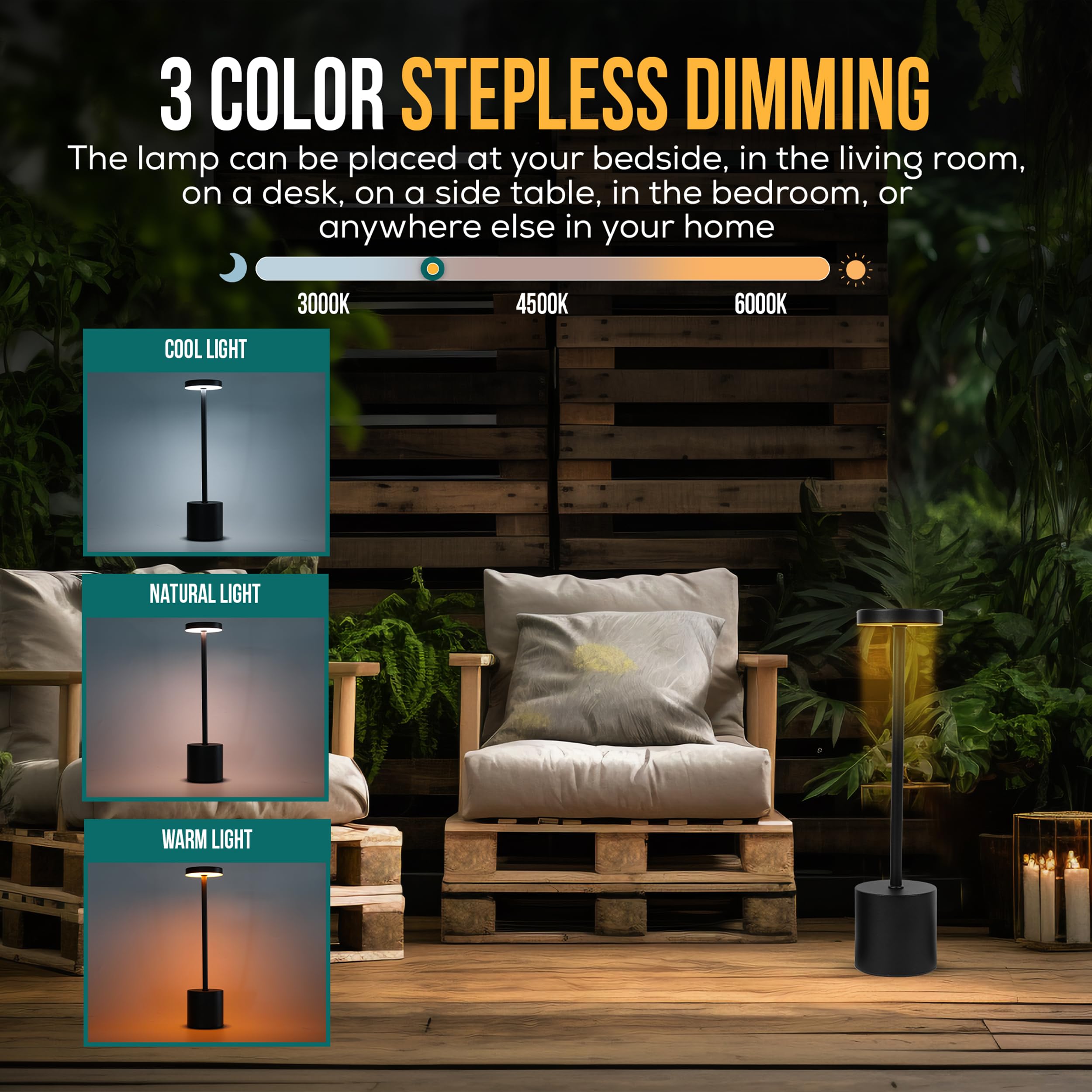 Cordless Table Lamp Pack Of 2 (Black) Rechargeable Lights - Set Of 2 Usb Chargers Included - Led 3-Color Dimmable Lamps For Rest