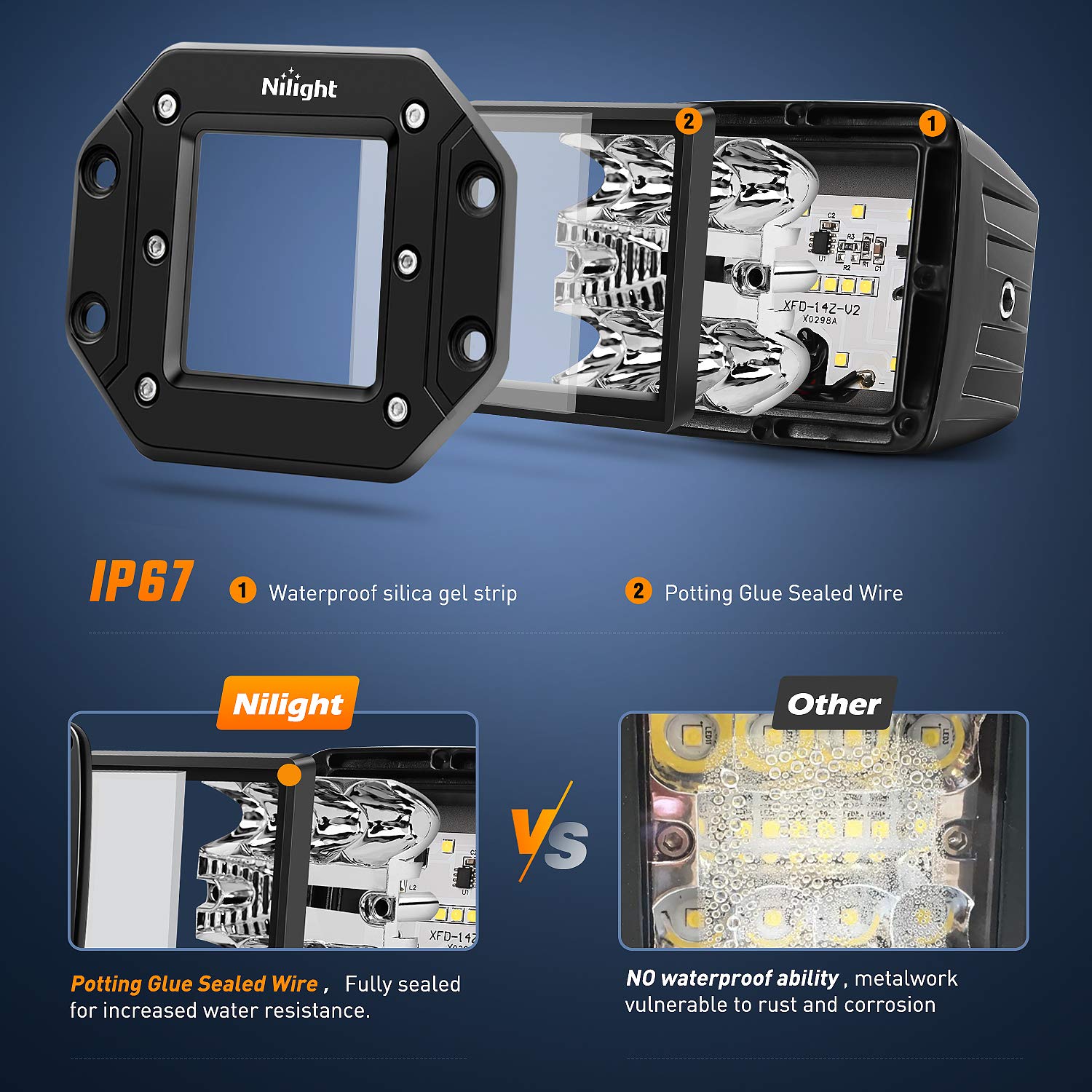 Nilight 2PCS 42W Flush Mount LED Light Pods Spot Flood Combo Backup Reverse Driving Headlamp Mount on Bumper Grille for 4x4 Offr