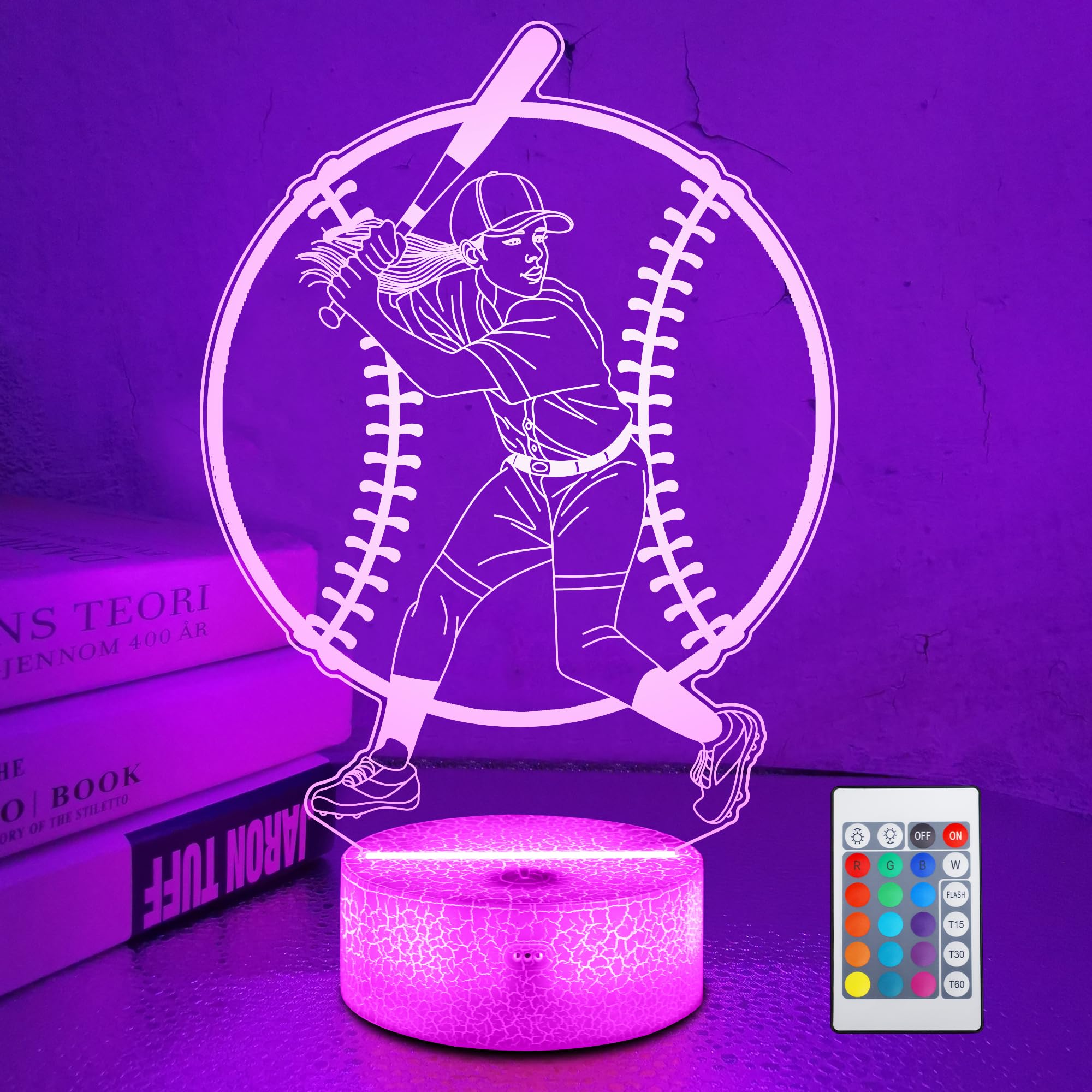 OkiyiD Softball Night Light 3D Illusion Lamp, Remote Control, 16 Colors, Model FS-2810-9999, Acrylic, Color8