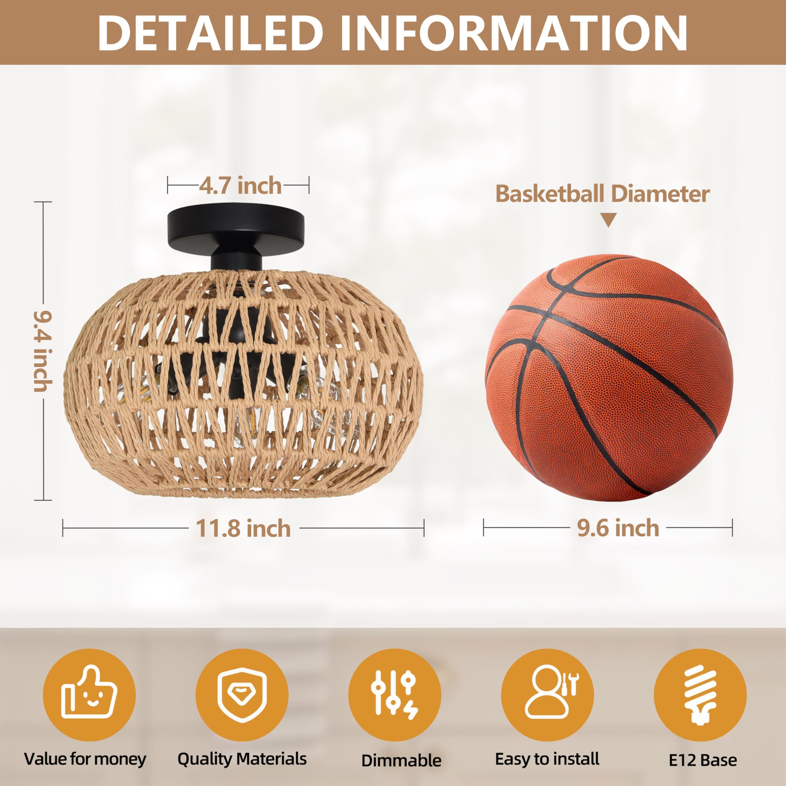 Ayshwilldec 11.8'' Rattan Ceiling Light Boho Light Fixtures Ceiling 3-Lights Boho Semi Flush Mount Ceiling Light Rattan Close To