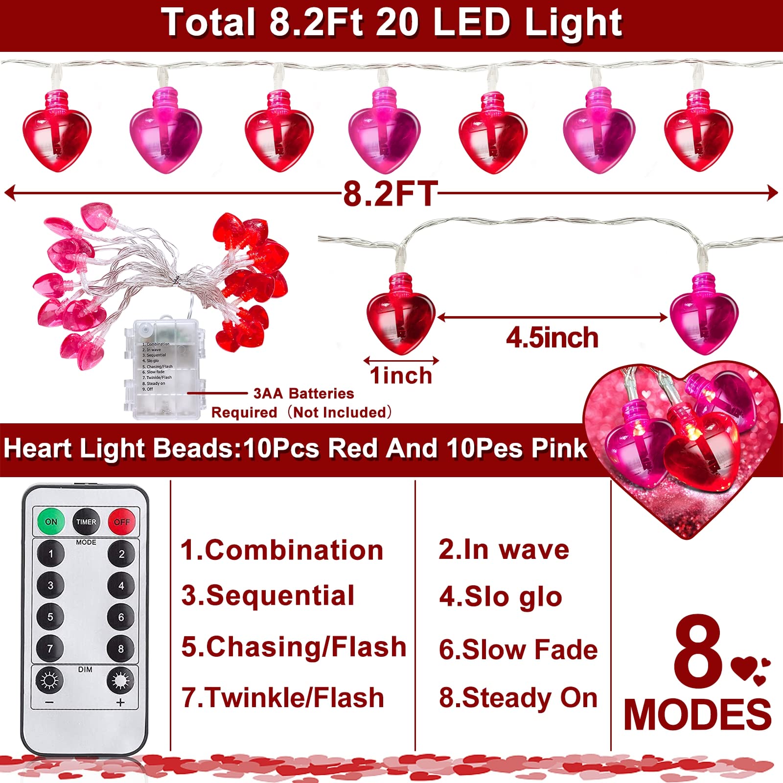 Remote Control & 8 Modes - Valentines Day Decorations Heart Garland Lights with Timer 8.2 Ft 20 LED Red Pink Heart String Lights