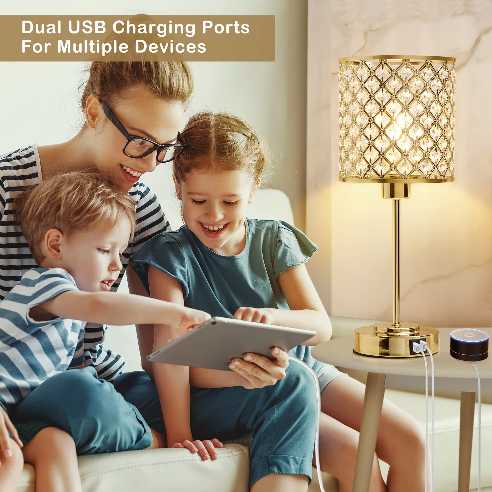 Rayinight Crystal Table Lamp, Crystal Lamp Touch Control With 2 Usb Ports, 3 Way Dimmable Bedside Lamp With Bulb, Crystal Nights