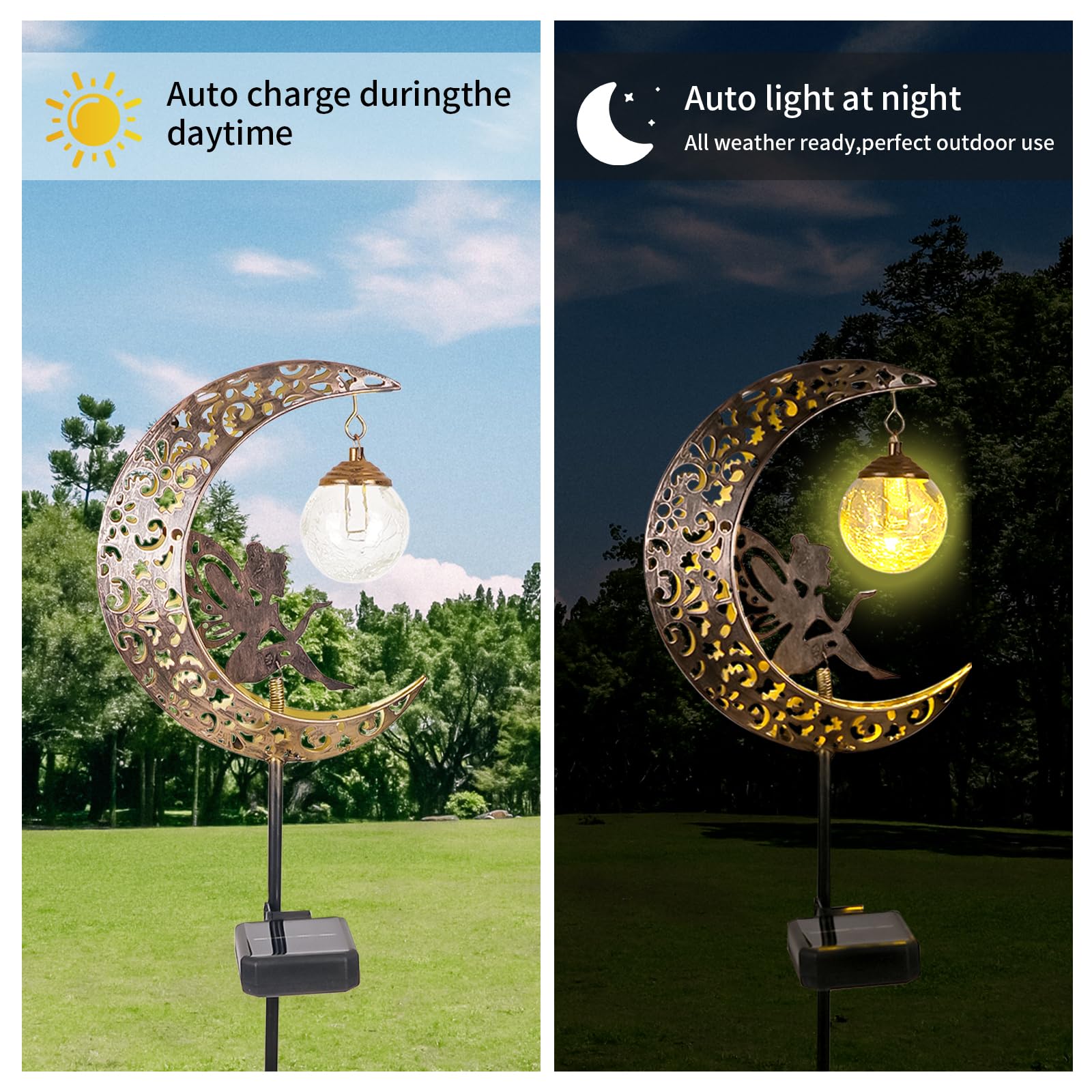 Solar Garden Lights Outdoor Decor,Moon Fairy Crackle Glass Lights,Waterproof Warm White Led Metal Stake Ornament,For Walkway Bac