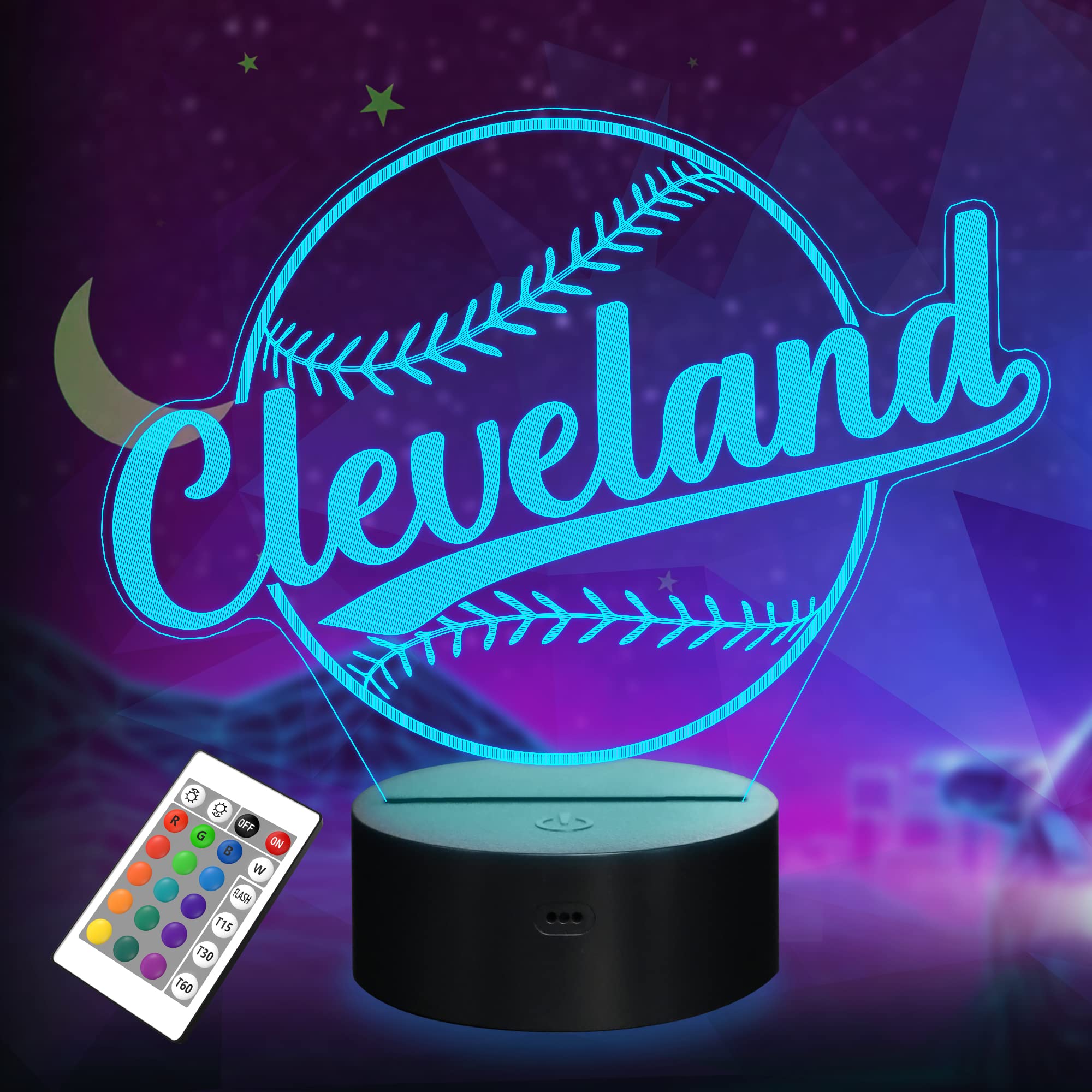 Lightzz 3D Illusion Lamp, Baseball Night Light, Remote Control, Acrylic, Cleveland Color, Model FS-xxxyyy