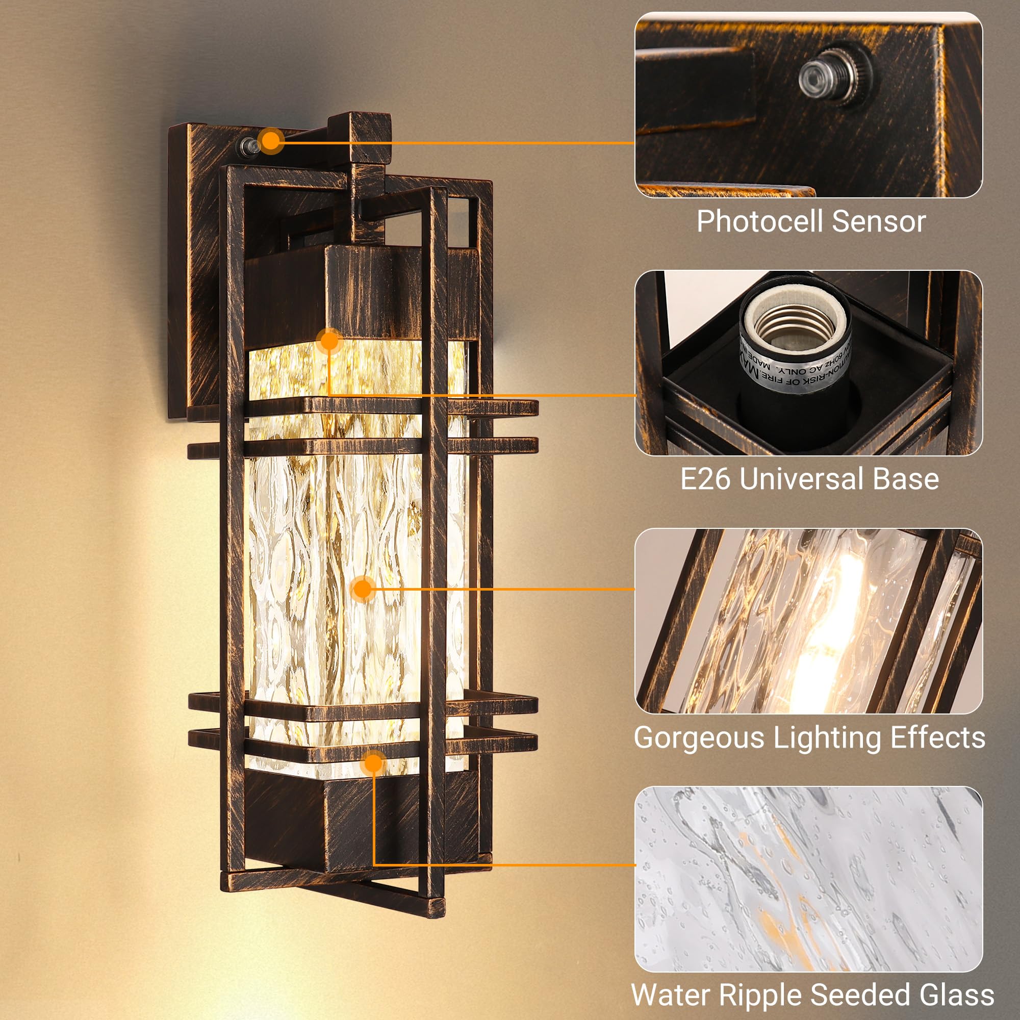 WIHTU Dusk to Dawn Outdoor Wall Sconce Lights, 2 Pack, Gold-Brushed Black, Waterproof Aluminum, Model STR-WL-0042, Bulb Included