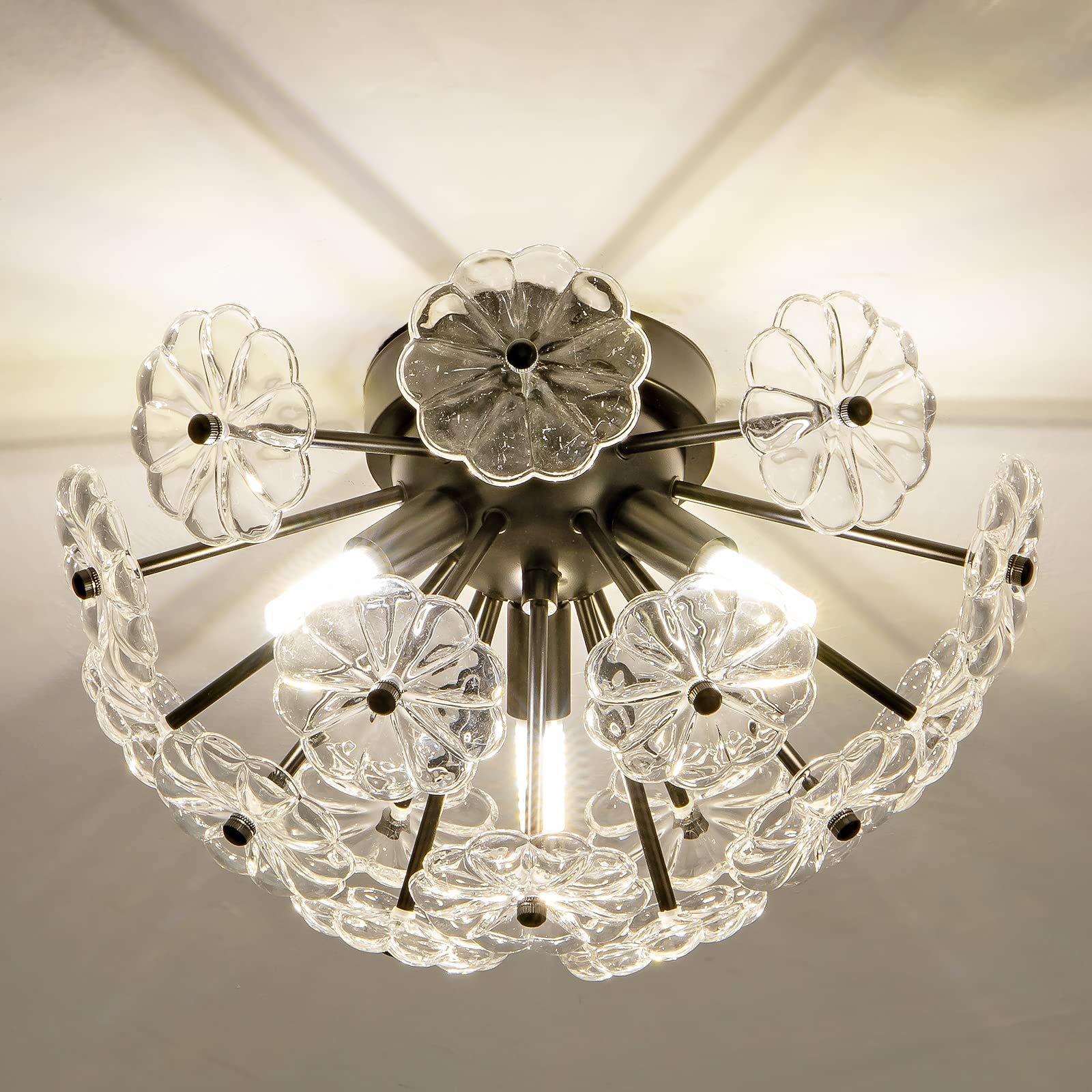 Semi Flush Mount Ceiling Light, Black Metal Flower Ceiling Light Fixtures, 3-Light Farmhouse Close To Ceiling Lamp Fixture For B