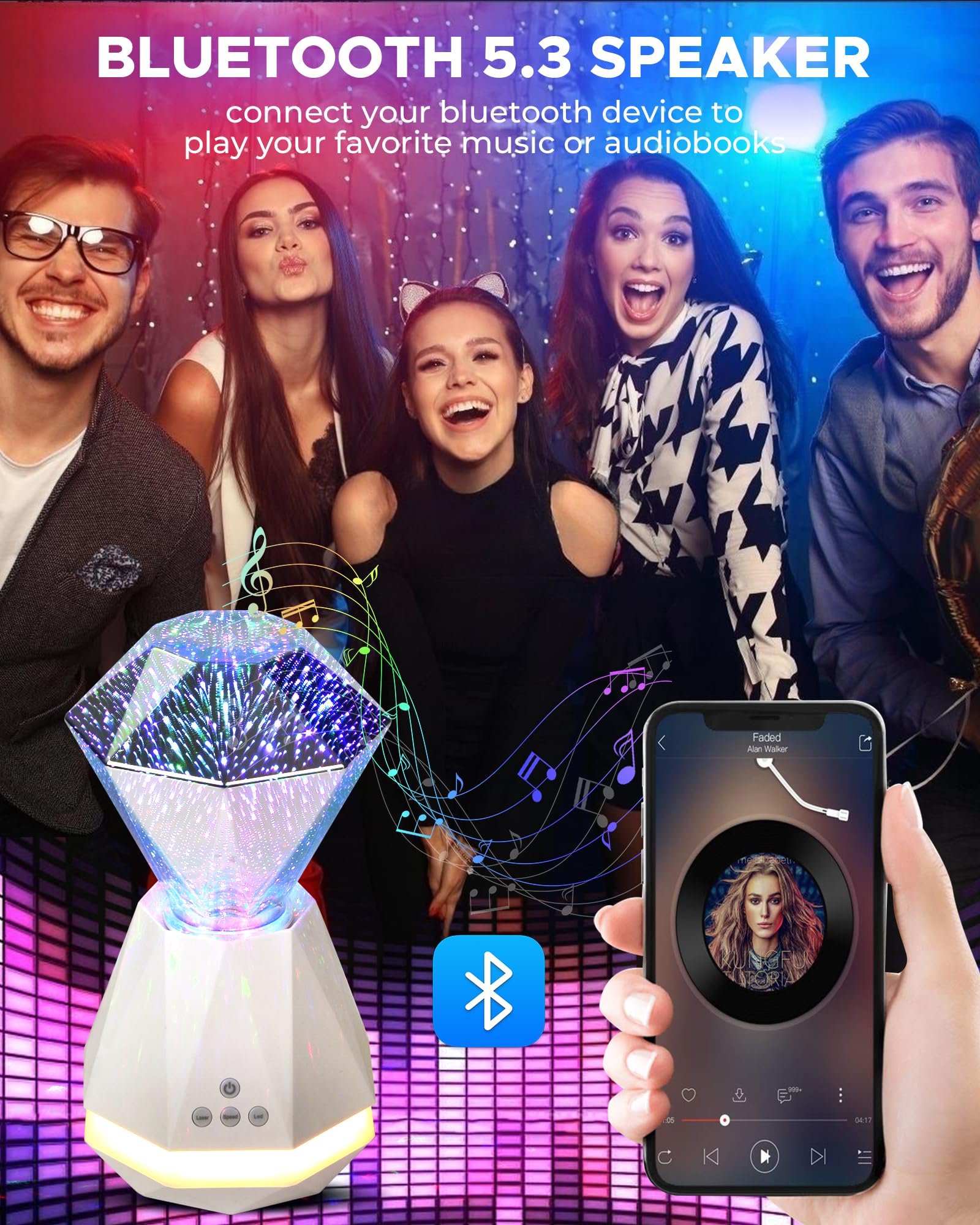 Mansuon 3D Diamond Laser Light, Dimmable Firework Bedside Lamp, With Led Night Light, Built In Speaker, Atmosphere Table Lamp For Living Room Decor, Valentine'S Day And Birthday Gifts