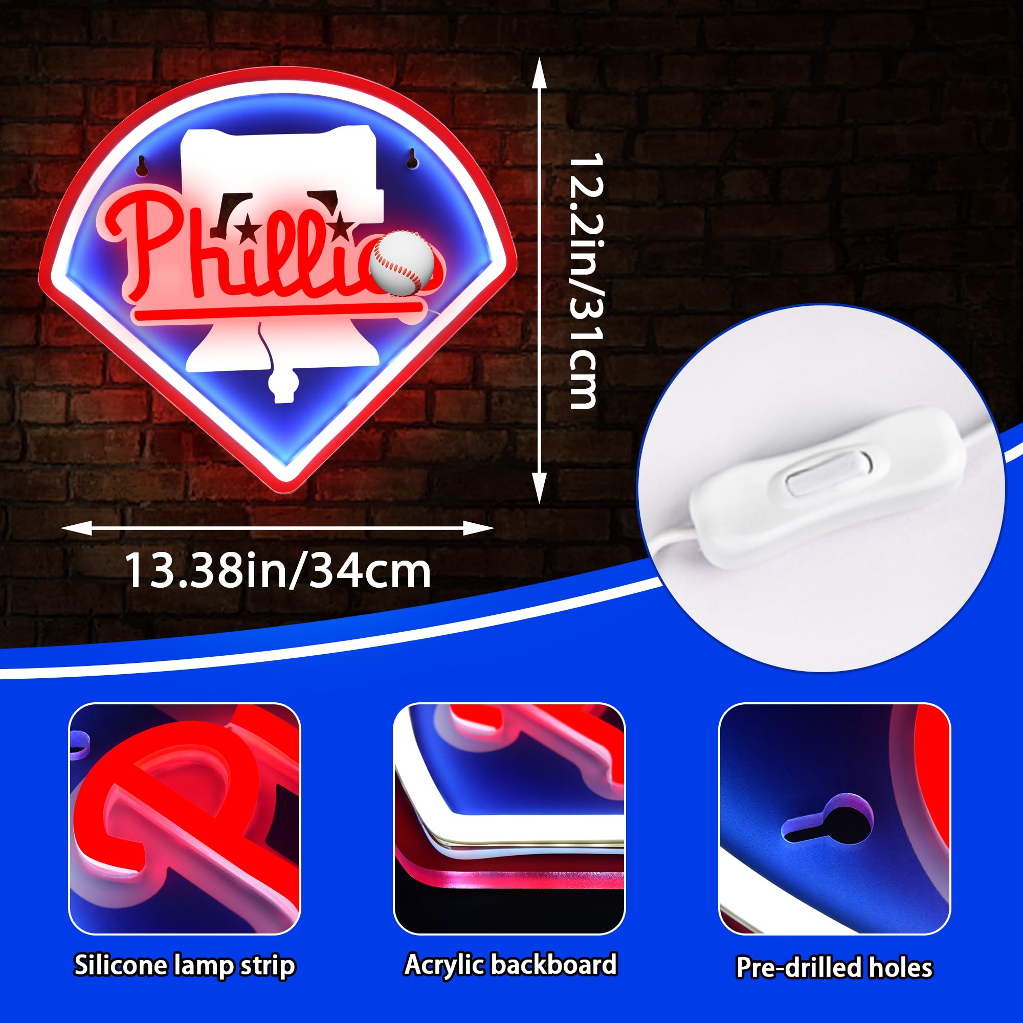 Brineon Baseball Neon Sign - Red Acrylic LED Wall Decor, 13.3x12.2in, USB Powered for Man Cave, Bedroom, Bar, Party Gifts