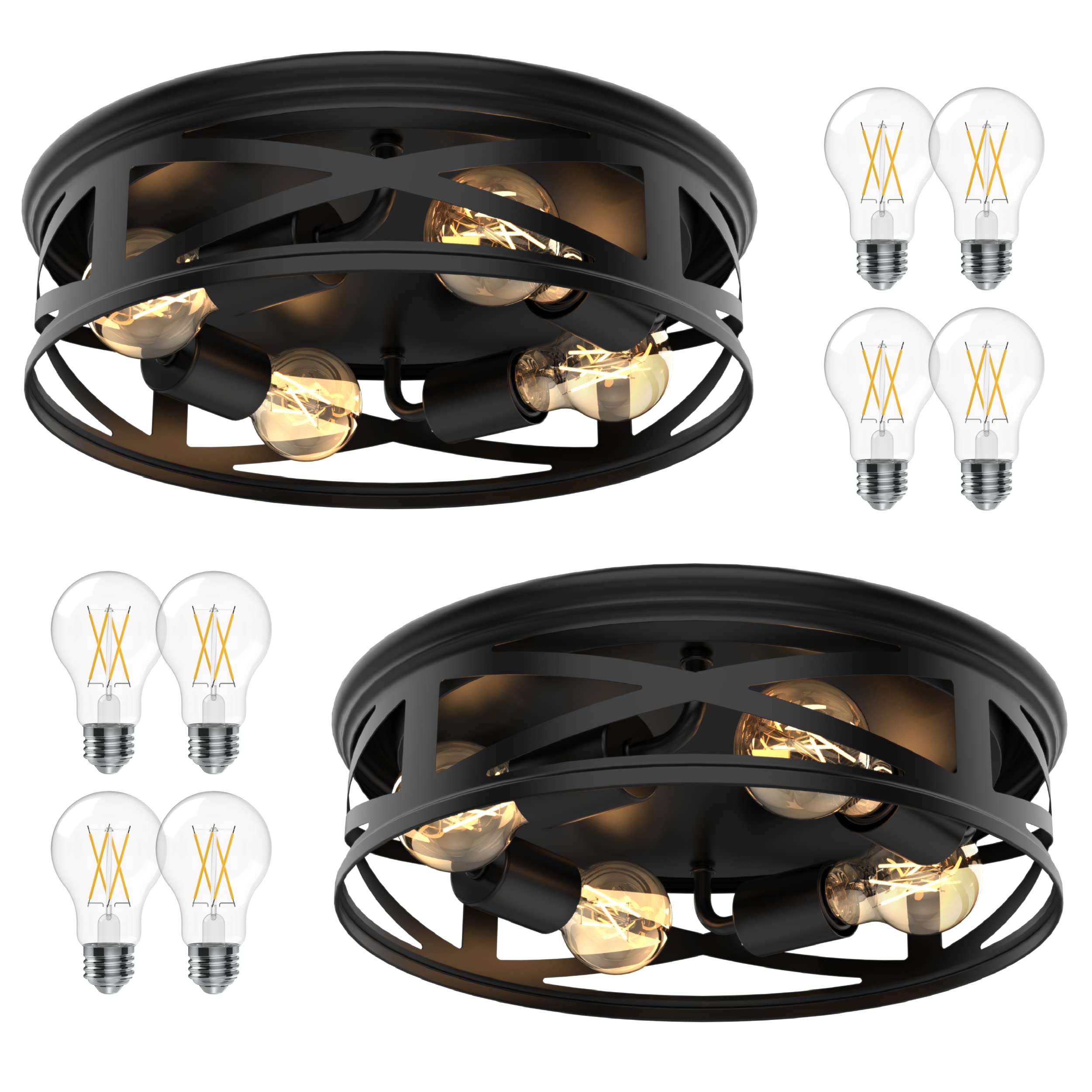 Sunco Farmhouse 4-Light Flush Mount Ceiling Light Fixture, Hallway Matte Black Outdoor Industrial Lights, E26 Base, A19 Edison L
