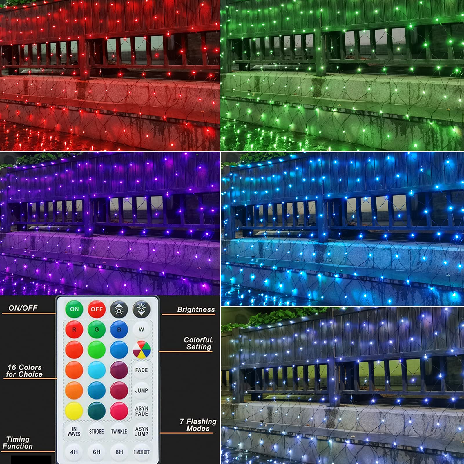 OYCBUZO LED Net Lights, Color Changing Waterproof Fairy Lights, 9.8ft x 6.6ft, Multicolor, Model LR-(1-1000) L-SL01