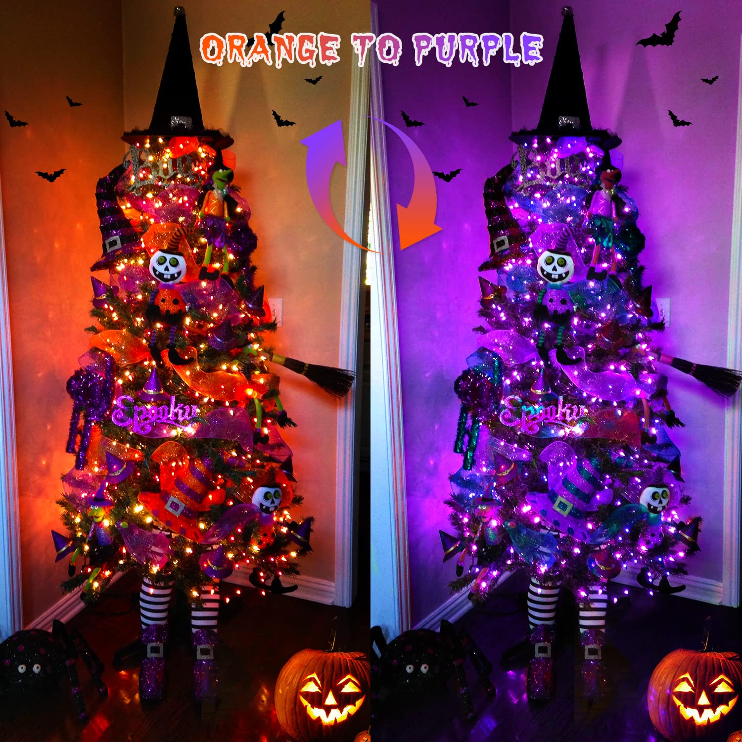 JMEXSUSS 200 LED Orange and Purple Halloween Lights Plug in, 66ft Connectable Color Changing Halloween String Lights with Remote