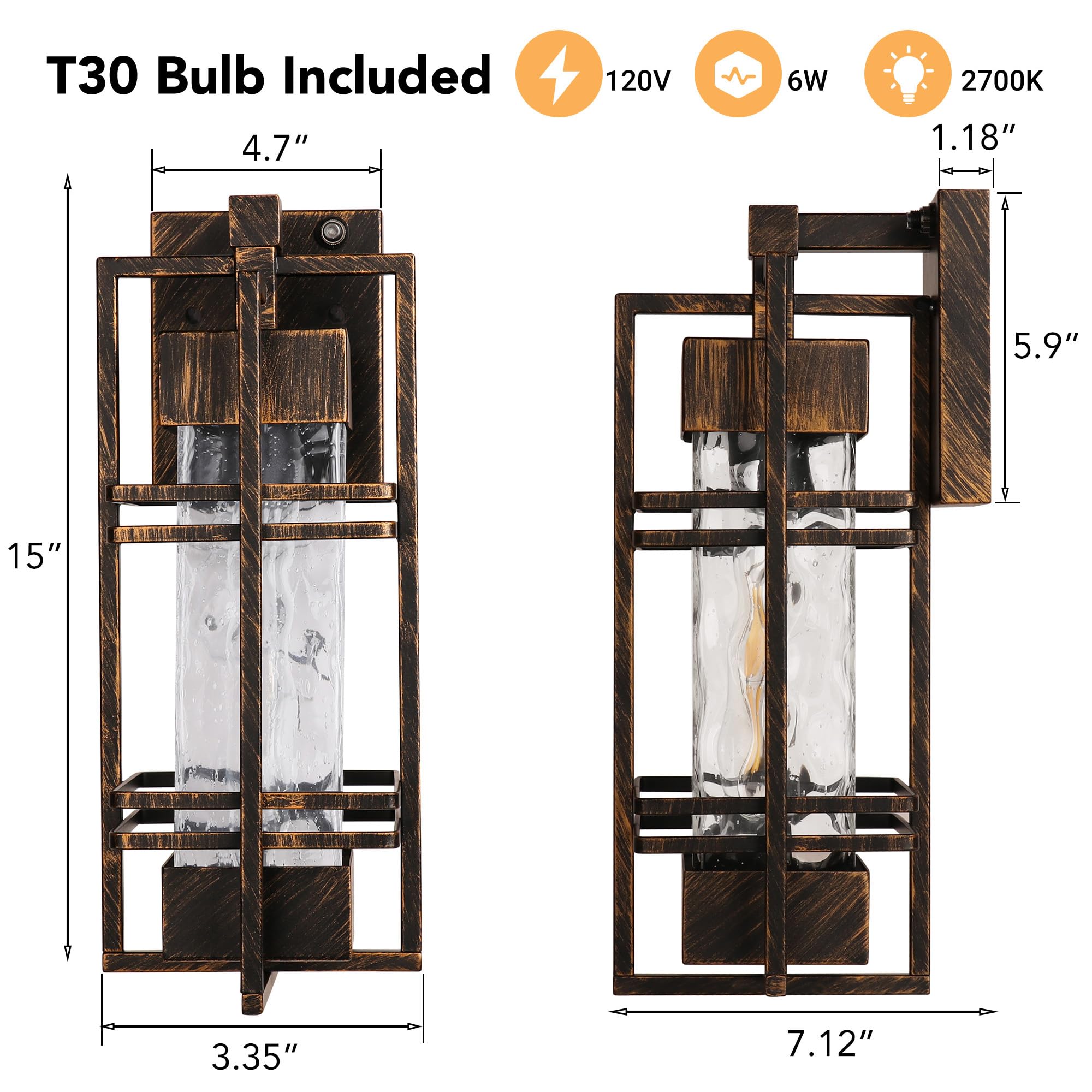 WIHTU Dusk to Dawn Outdoor Wall Sconce Lights, 2 Pack, Gold-Brushed Black, Waterproof Aluminum, Model STR-WL-0042, Bulb Included