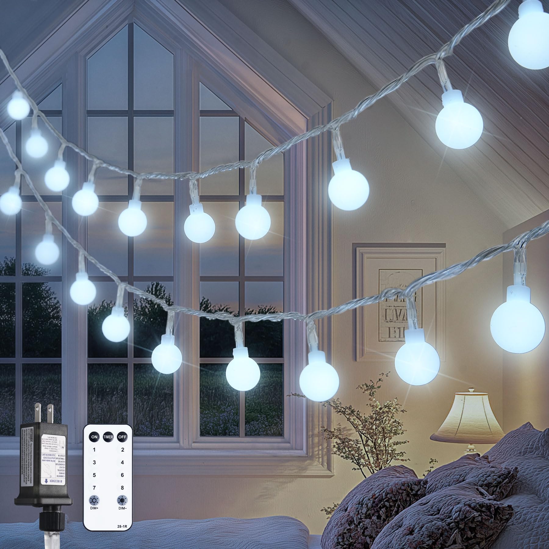 JMEXSUSS 100ft Globe String Lights, 200 LED Waterproof Fairy Lights, Plug-in with Remote, White, Model EXS-S-0100-R