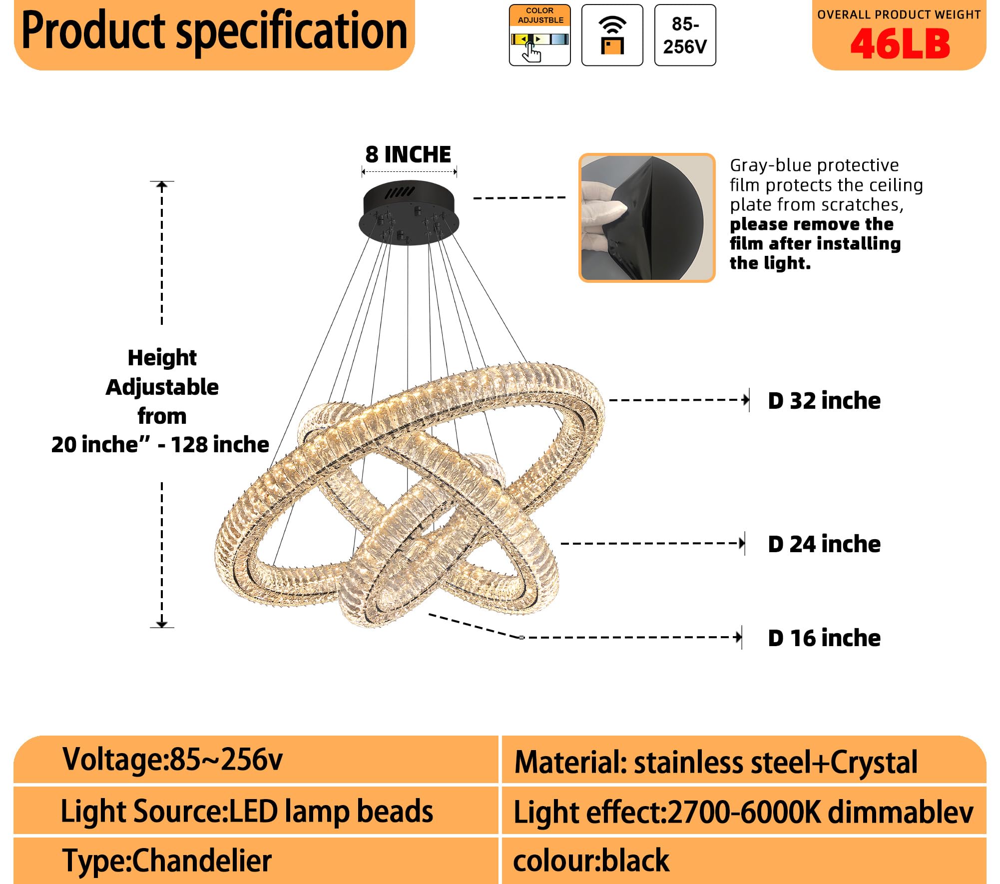 Idequy 3 Rings Crystal Chandeliers For Living Room Black Chandelier High Ceiling Chandeliers For Foyer Led Dimmable3000-6000K D3