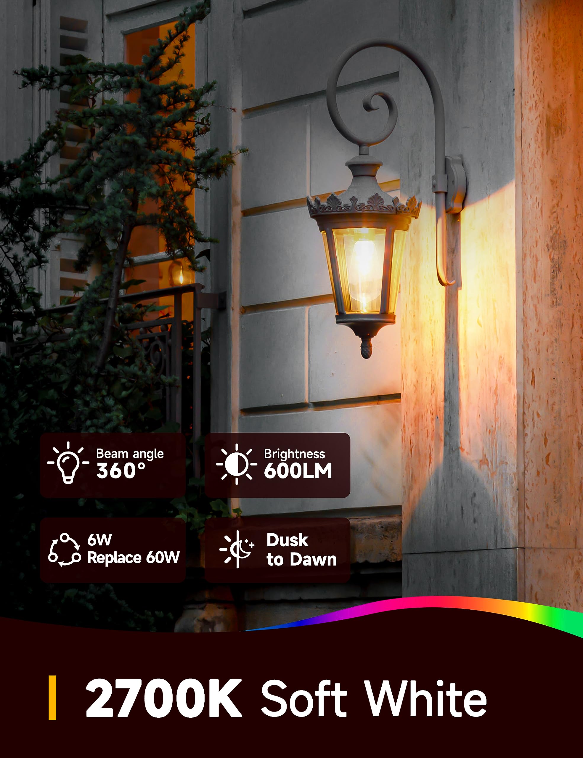UNILAMP Dusk to Dawn LED Light Bulbs, 6W Equivalent 60W, 2700K Soft White, E26 Base, 4 Pack, Auto On/Off for Outdoor