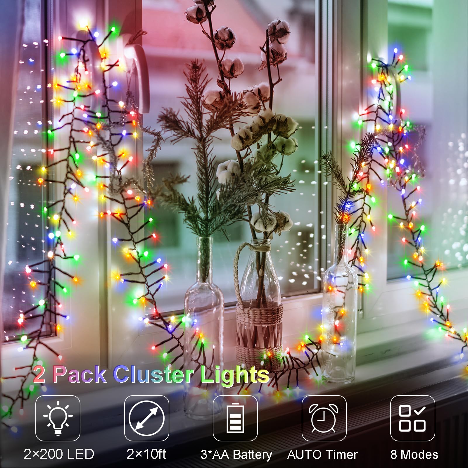Bsglobal 2 Pack Cluster String Lights Battery, Total 20Ft 400 Led Christmas String Lights With Timer 8 Modes Firecracker Twinkle Lights Waterproof For Outdoor Tree Xmas Decor (Multicolor)