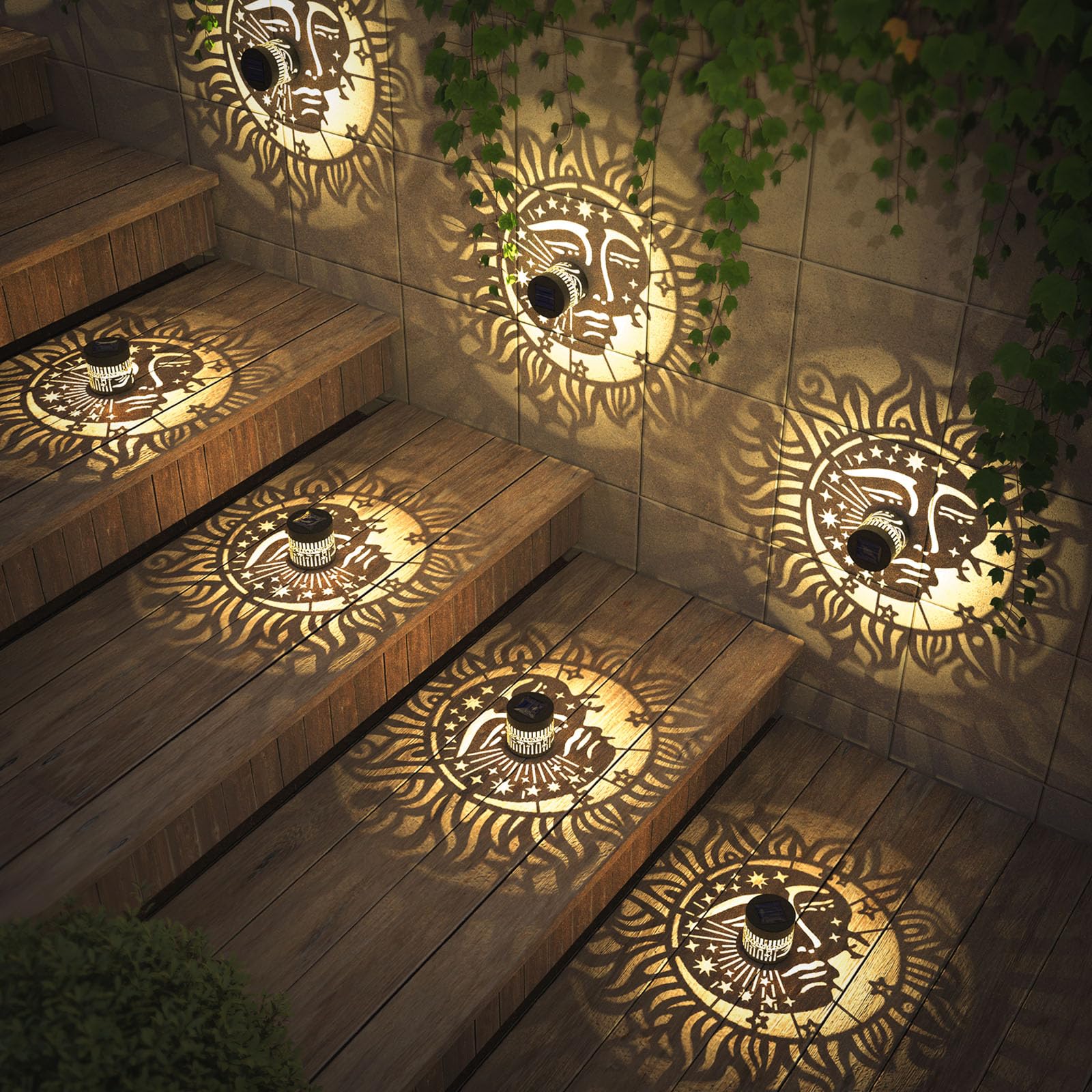 Gardencave Solar Fence Lights - 4 Pack, Sun Moon Theme, Waterproof Outdoor Wall Decor, Model Fence1