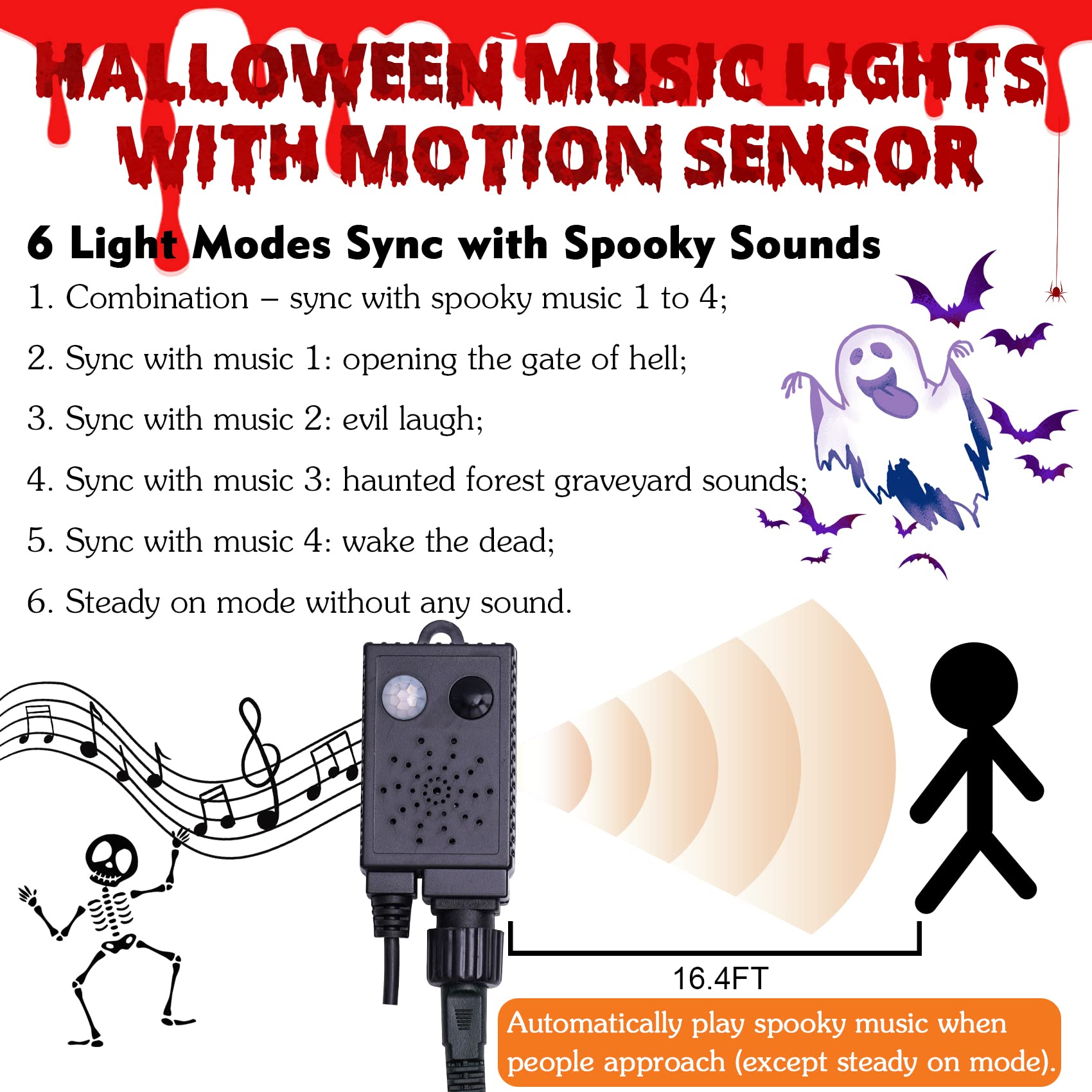 Halloween String Lights With Music Sync Spooky Sounds - 6 Lighting Modes  300 Led Lights For Haunted Party Yard Room Decor (Orange)