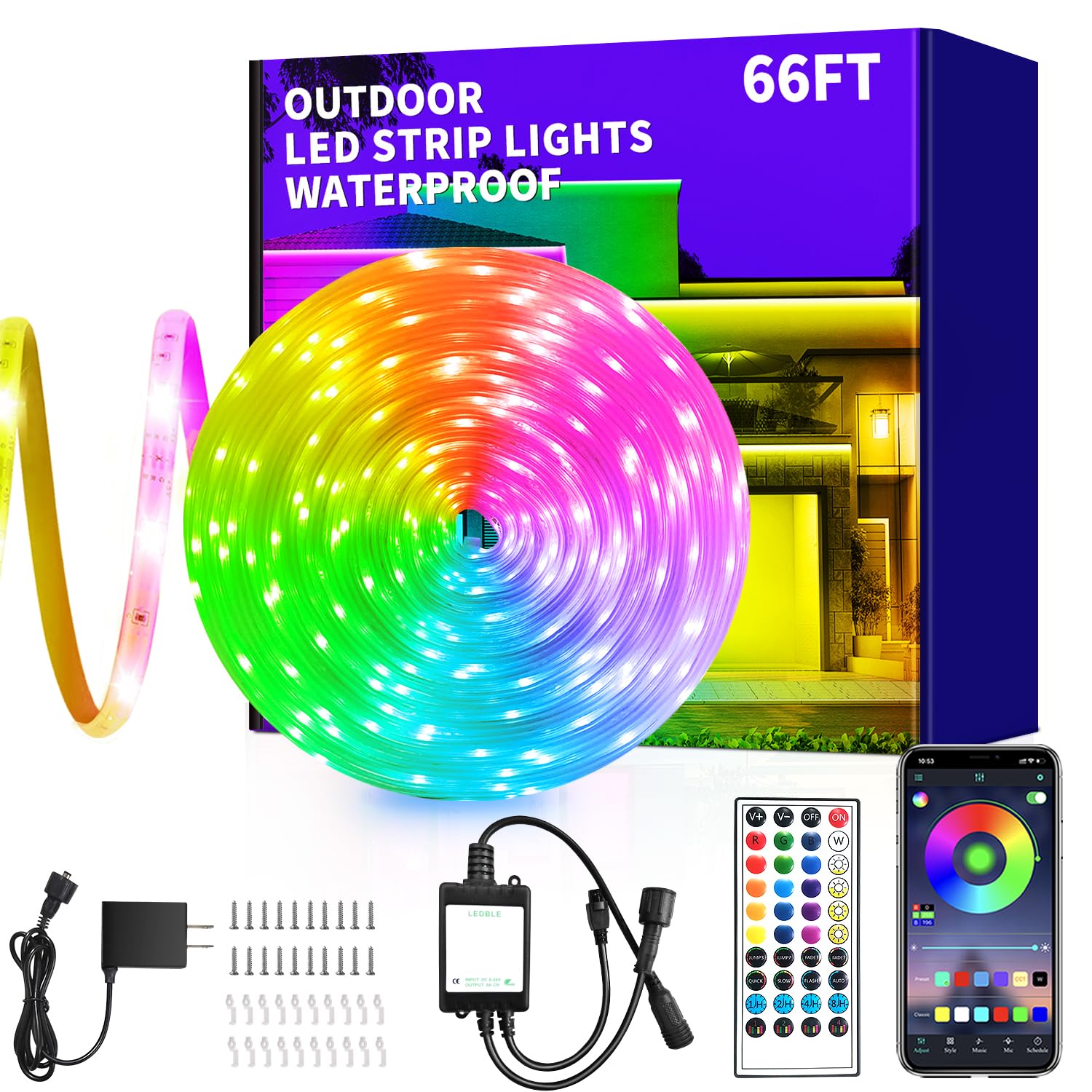 vimeepro 65.6ft Outdoor LED Strip Lights Waterproof,IP68 Outside Led Light Strips Waterproof with APP/Remote Control,Music Sync 