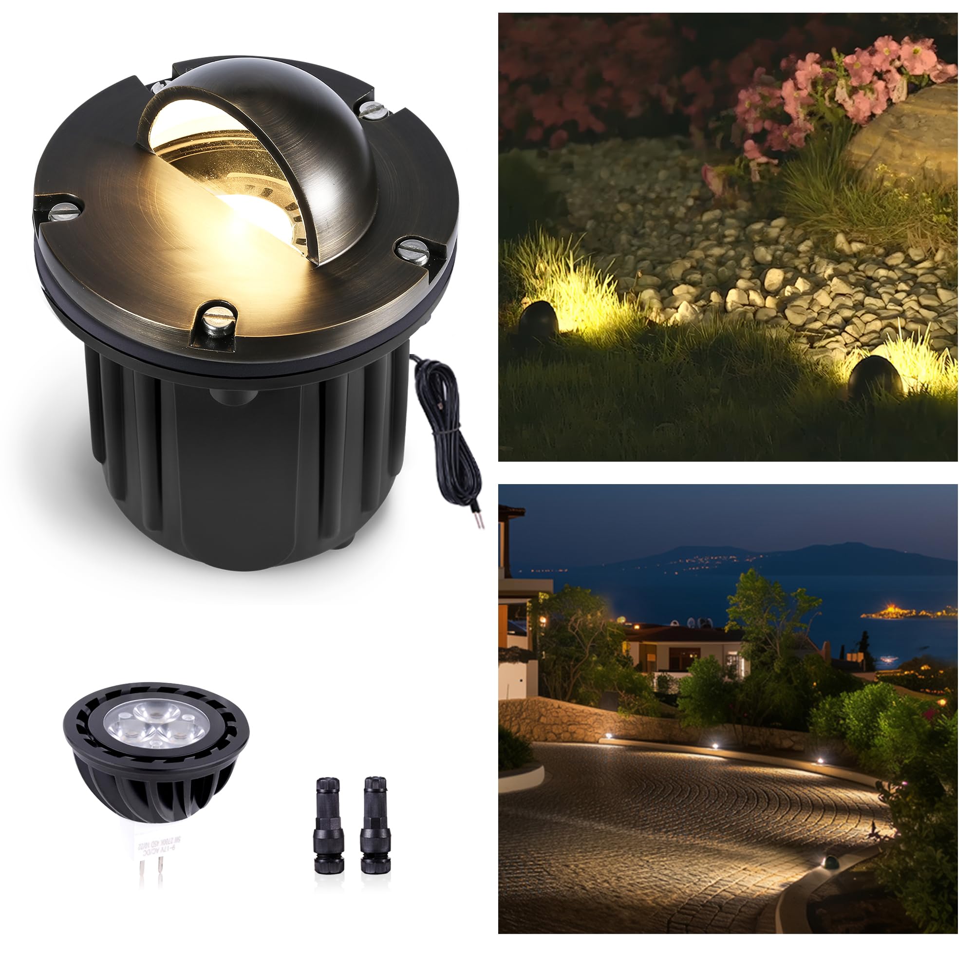 Gardenreet In Ground Well Light - Brass 12V Outdoor Waterproof Landscape Lighting, Ip65 LED Low Voltage in-Grade Beacon Top Ligh