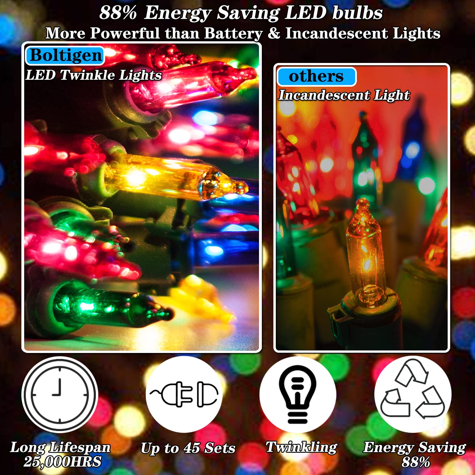 60 Led Multicolor Twinkling Christmas String Lights Plug In, 17 Of 60 Lights Twinkle,Connect Up To 45 Sets,Ul Certified 22 Ft Mini Twinkle Christmas Tree Lights,Indoor Outdoor Use