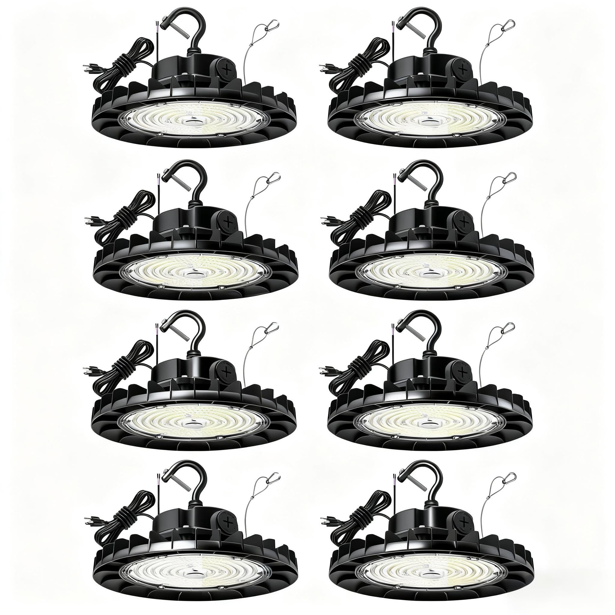 Hylele UFO LED High Bay Light 200W 8 Pack  28000LM High Bay LED Shop Lights  3-in-1 Adjustable Wattage (200W/150W/120W)  IP65 5000K  Plug & Hook  0-10V Dimmable for Warehouse Garage Workshop