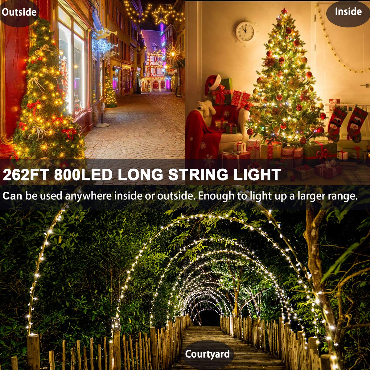 Decute 800Led 272Ft Christmas String Lights Ul Certified 8 Modes, Waterproof Outdoor Indoor Twinkle Starry Light For Christmas Tree Patio Garden Party Decor Warm White