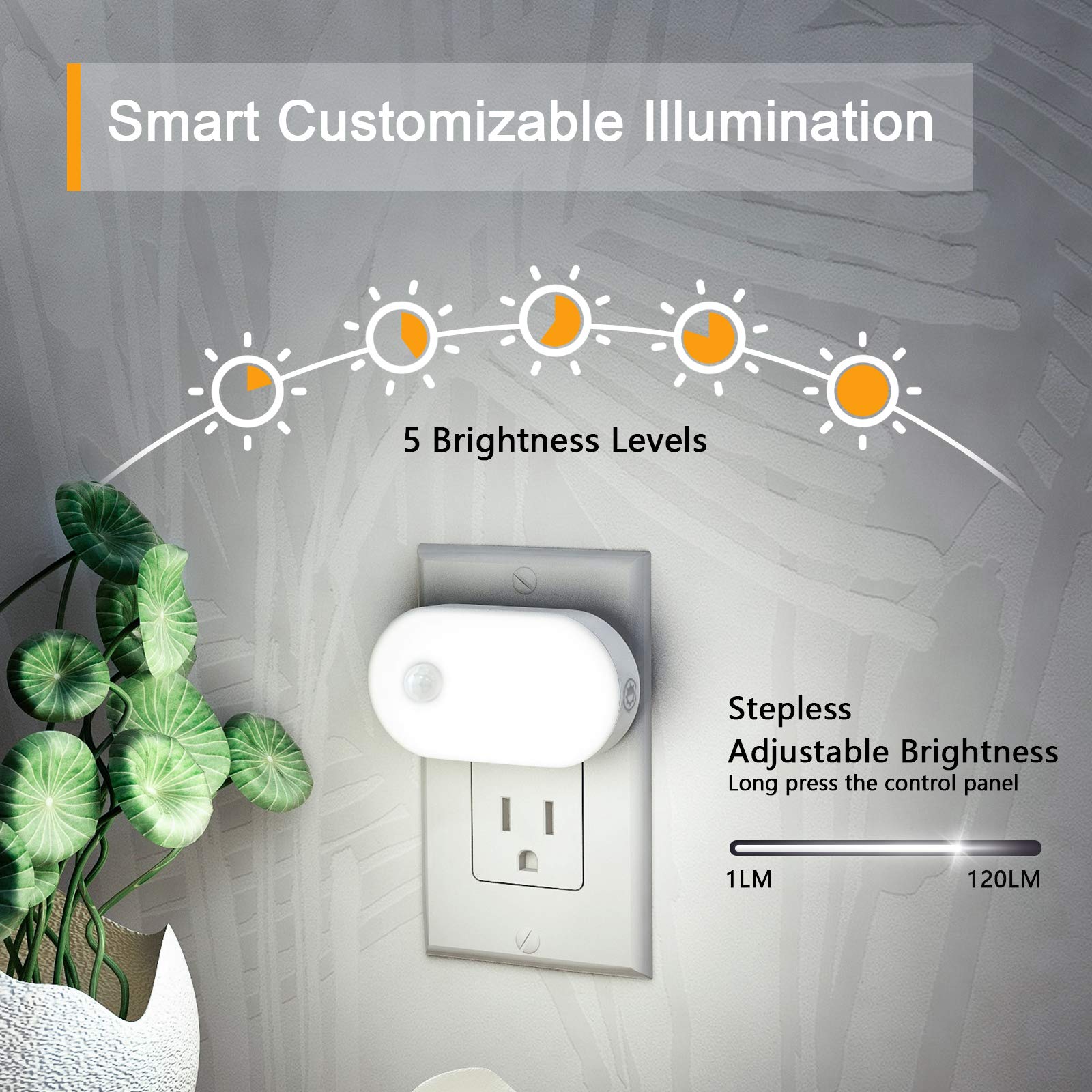 Lyridz Motion Sensor Night Light 1-120LM, Cold White, 2 Pack, Adjustable Brightness, LED Nightlight for Bedroom, Kitchen, Stairs