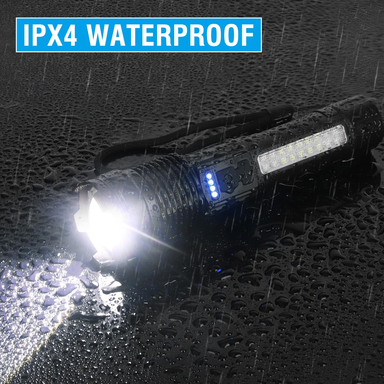 HOSONIC A76 Rechargeable Flashlight - 20000 Lumens, 7 Modes, COB Side Light, Aluminum, Gray, Handheld for Camping & Emergencies