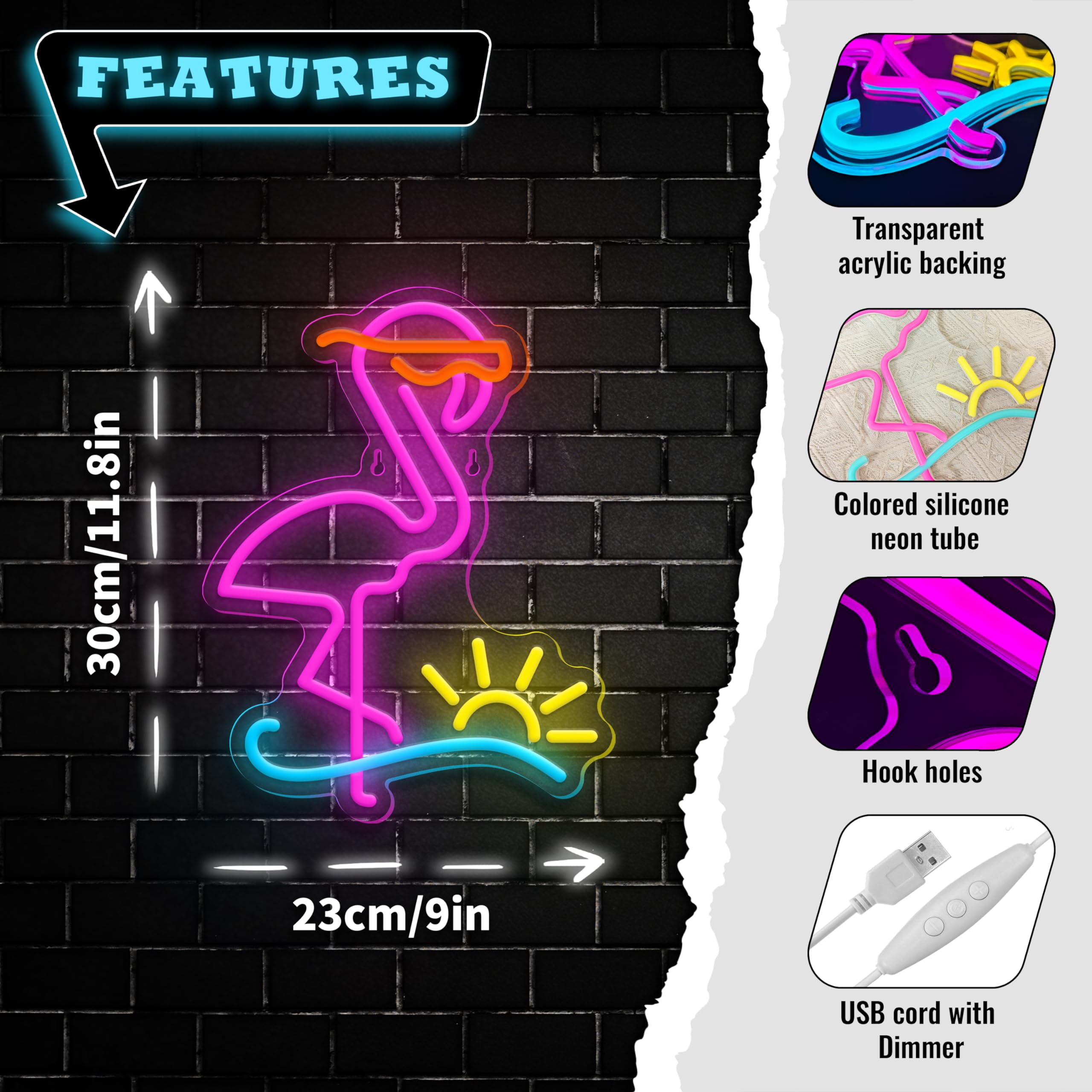 Flamingo Neon Sign Dimmable Flamingo Led Neon Lights Sun Wave Neon Signs for Bedroom Living Room Restaurant Man Cave Bar Club Pa