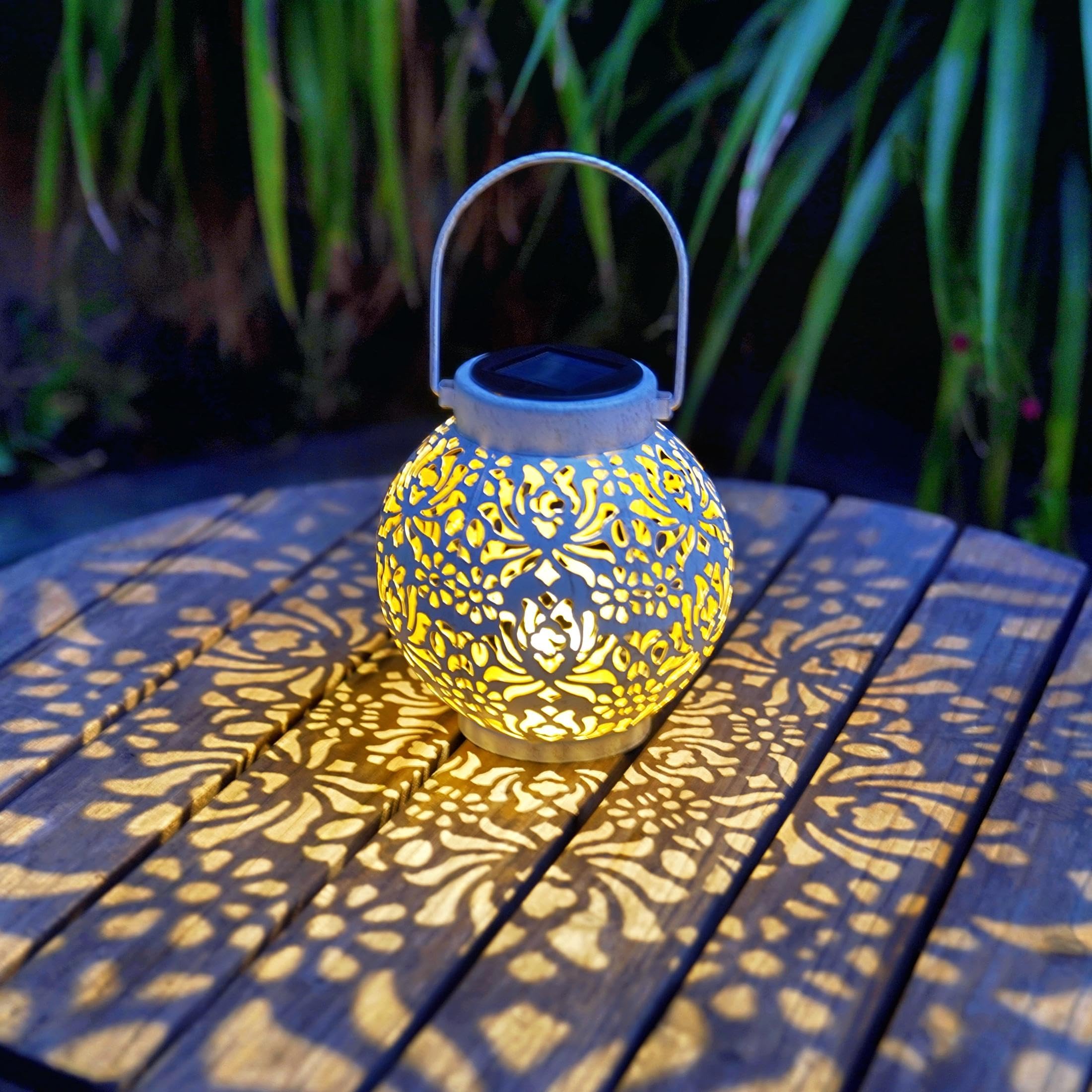 EXCMARK Set of 2 Outdoor Solar Hanging Lanterns, Metal LED Decorative Lights, Hollowed-Out Design, White, Floral Model
