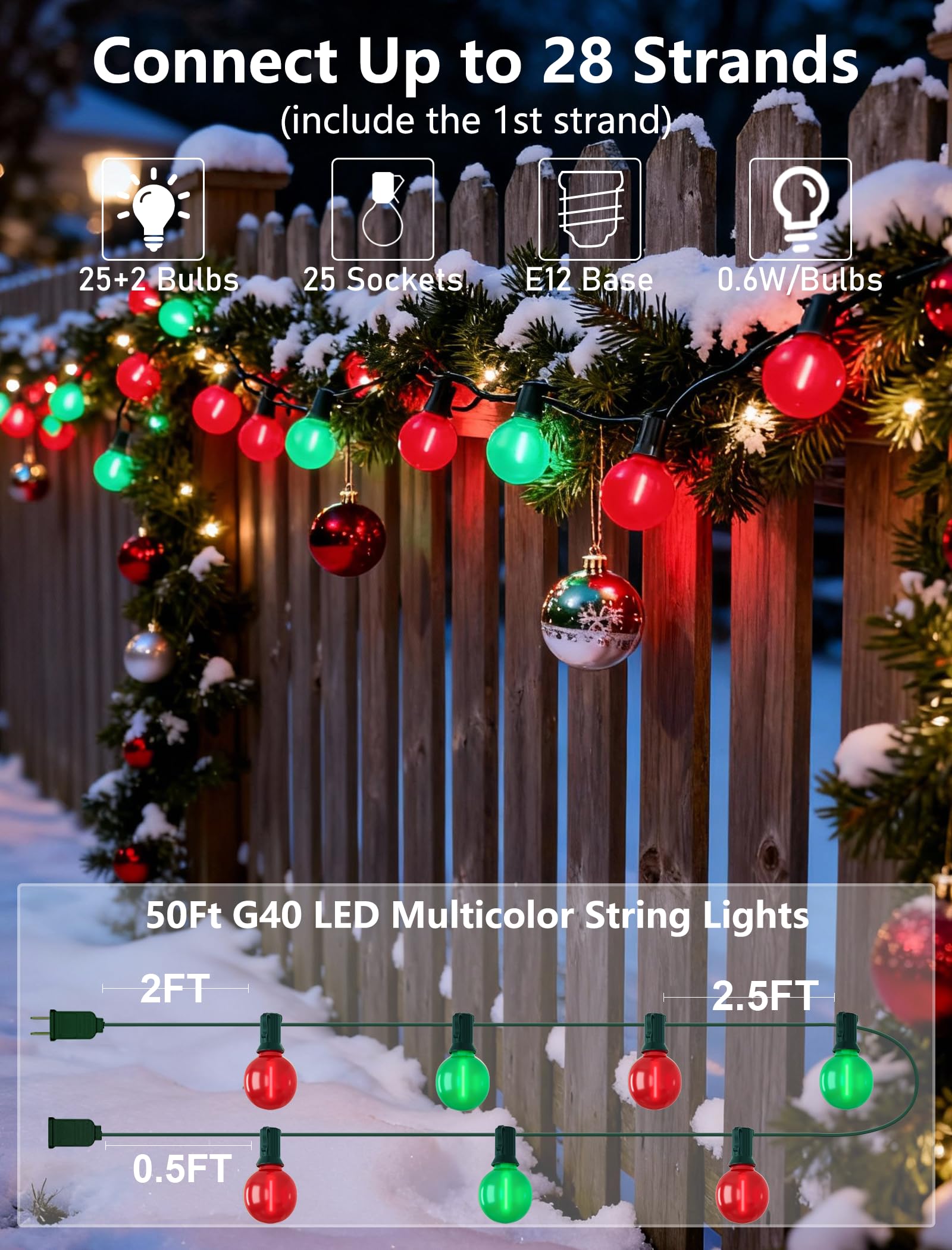 Pallerina 50Ft Outdoor Frosted Red And Green Christmas Lights Led G40 Globe Patio Christmas Lights With 25 Red And Green Bulbs(2 Spare) Vintage Hanging Light For Tree Garden Porches Xmas Holiday