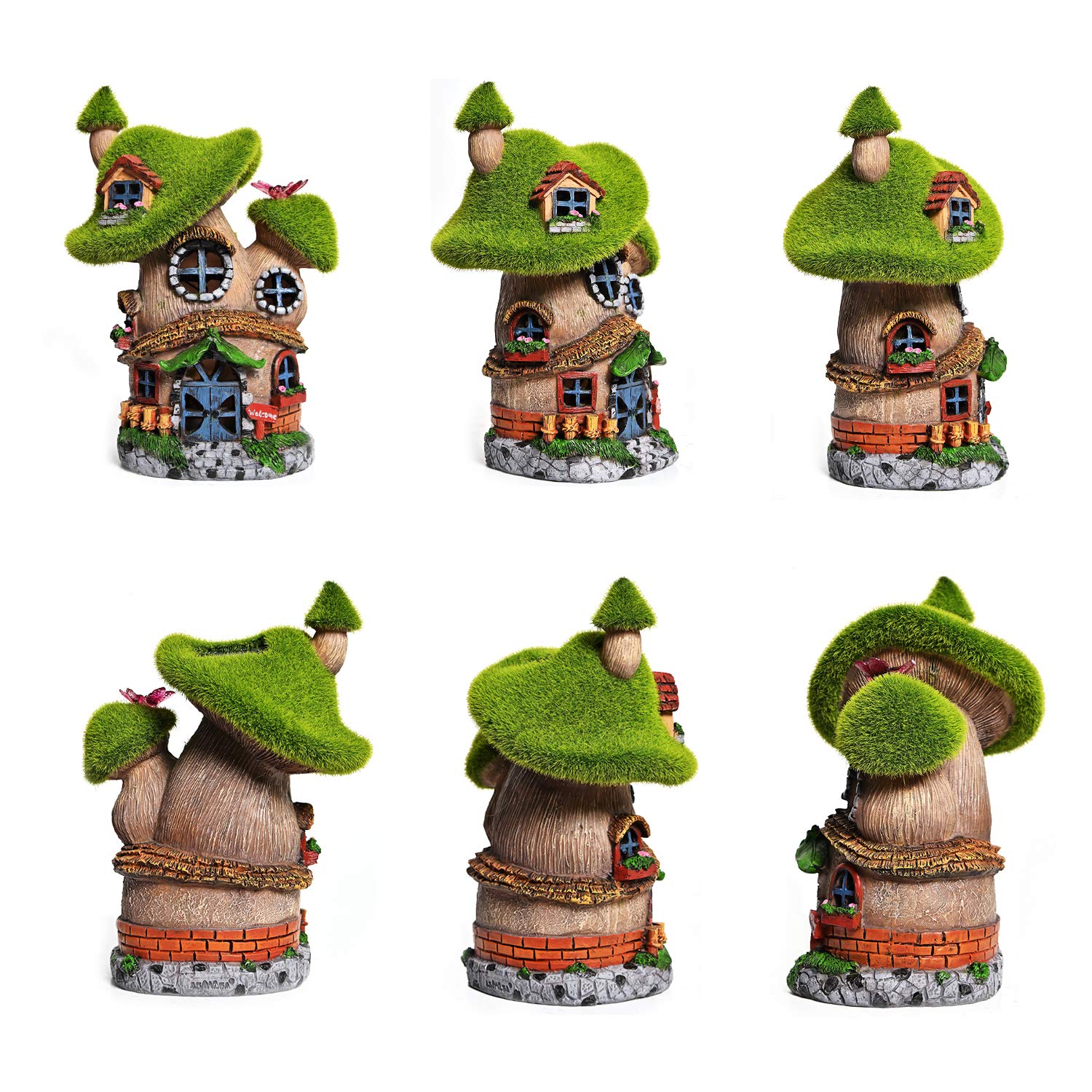 ASAWASA Flocked Mushroom Fairy Garden House with Solar Light, Resin Decor, Color: Mushroom House 2