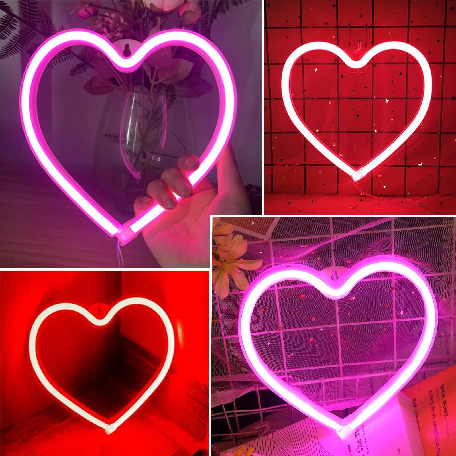 EXF 2-Pack Heart Neon Sign, LED Decoration Lamp, Battery Operated or USB Powered, Pink & Red, Model: Heart-pink&red