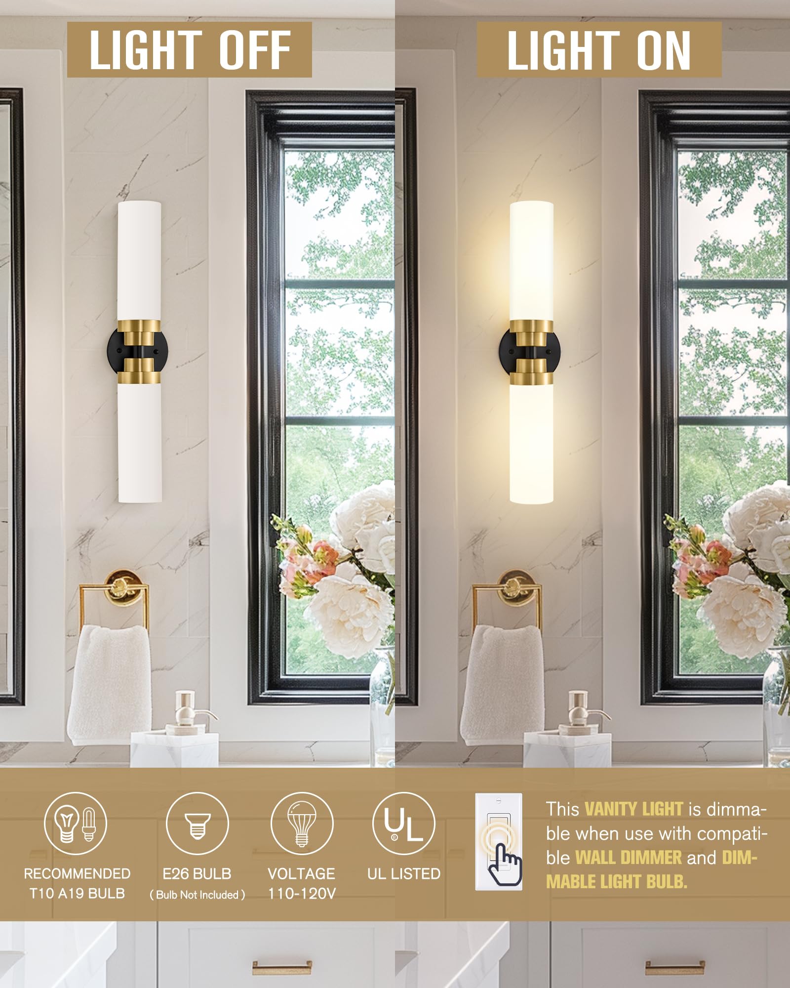 Emak 22-Inch Modern Bathroom Light Fixtures, Black Gold & Milk Glass, 2-Light Wall Sconce, Model VL085-BKBGD-ML-2