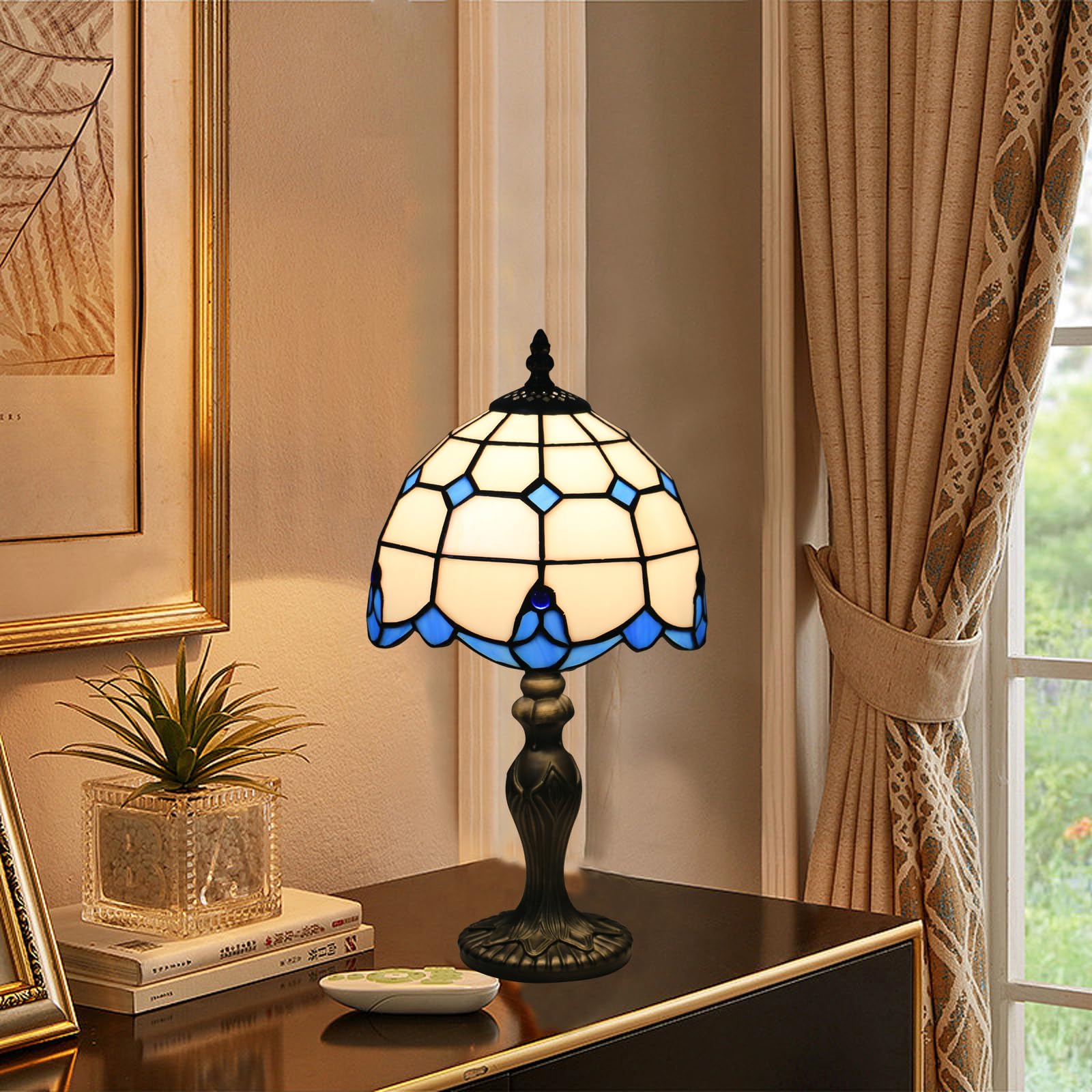 Tuomoxte Tiffany Table Lamp, Tiffany Style Stained Glass Lamp, 8 Inch Small Antique Bedside Lamp, For Nightstand Bedroom Living Room Home Office, Blue, Include Led Bulb