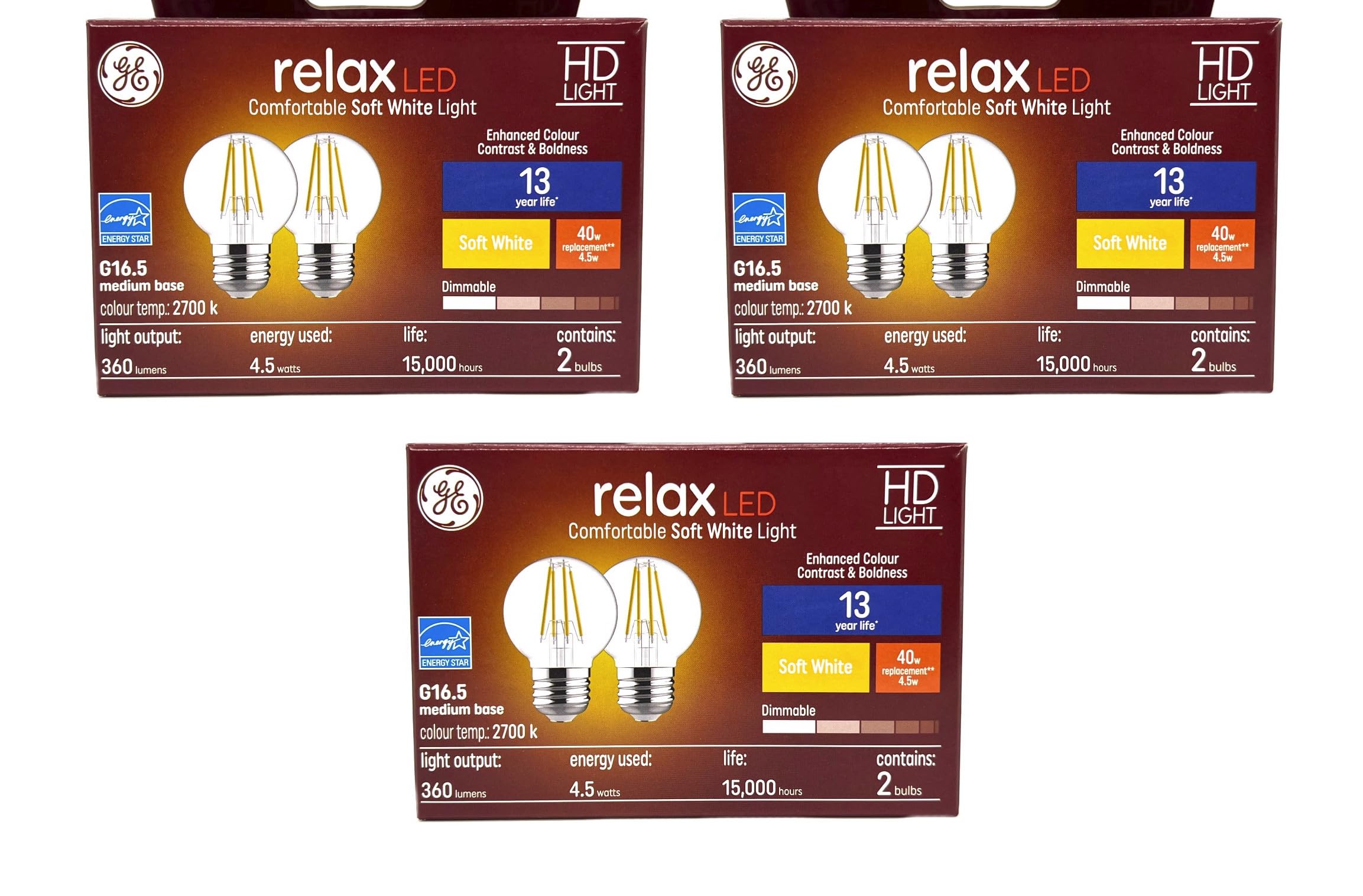Ge (6 Bulbs) Relax Led G16.5 Light Bulb, 4.5 Watts, 360 Lumens, Dimmable, Soft White 2700K, Medium Base, 40 Watt Equivalent, Led