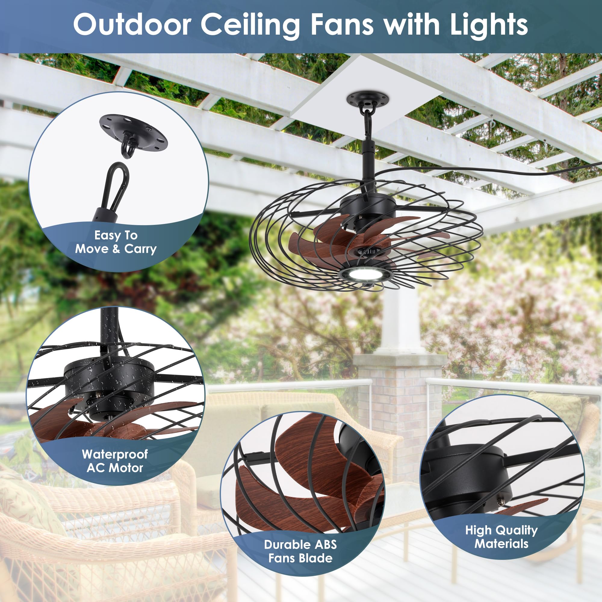 OSGNER 20" Black Outdoor Ceiling Fan with Light, Waterproof, Remote Control, Dimmable LED, Iron Material, Model F429-20-BK