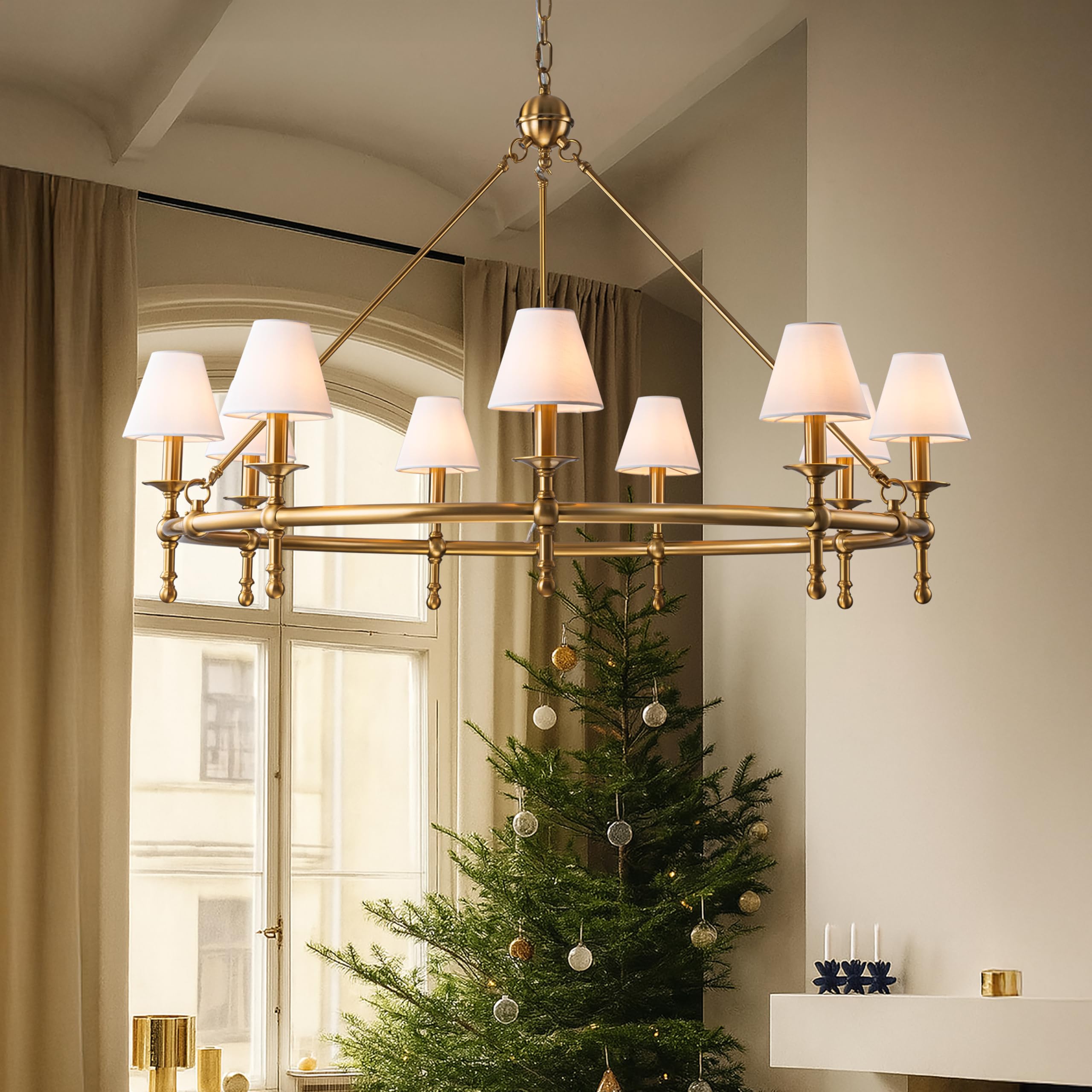 ALOADECOR 9 Lights W47 inch Vintage Brass and White Pleated Fabric Chandeliers for Dining Room Mid Century Modern Large Round Ch