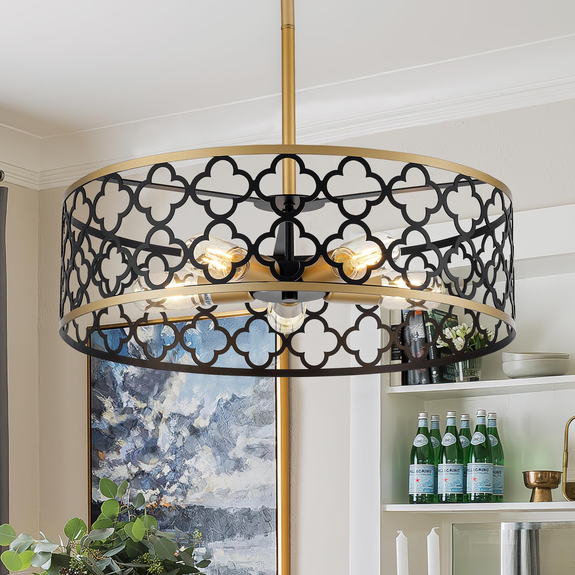 Salaiwei 5-Light Drum Chandeliers For Dining Room,19.7'' Rustic Farmhouse Dining Room Light Fixture, Black&Gold Metal Hanging Pe