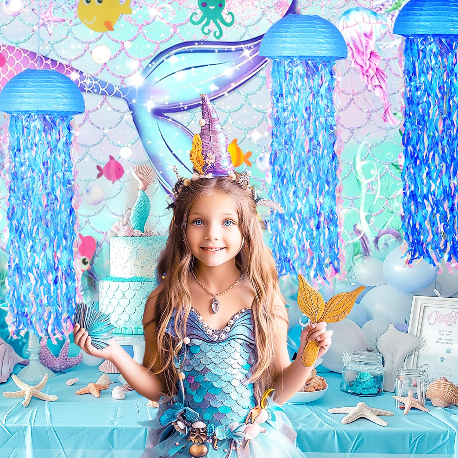 Obxt 10'' Blue Hanging Jellyfish Paper Lanterns - Under The Sea Party & Mermaid Birthday Decorations, Baby Shower, Nautical Even