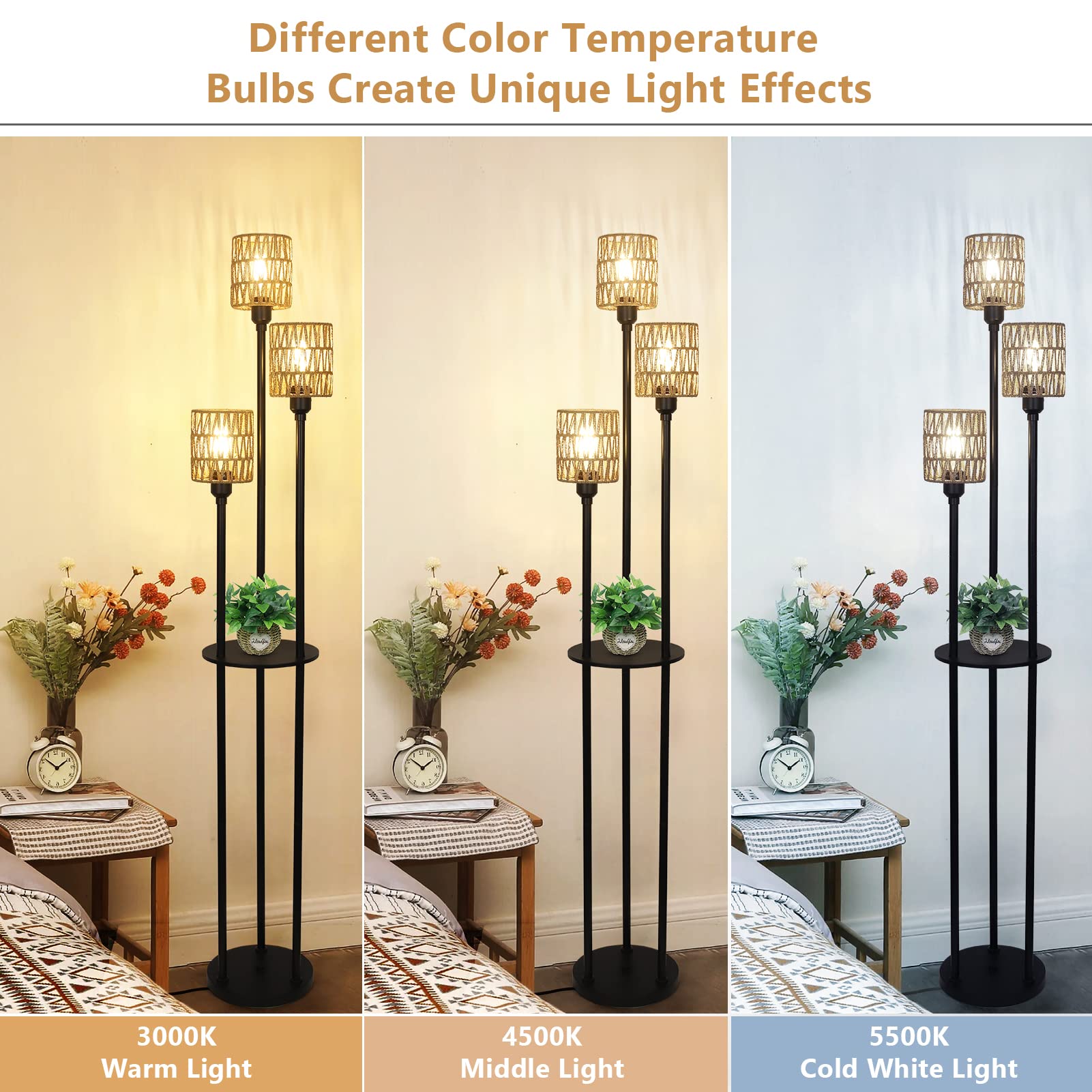 Stepeak Boho Floor Lamp - 3-Light Rustic Standing Lamp With Rattan Shades, Black - Model 221105A1 For Living Room, Bedroom, Office
