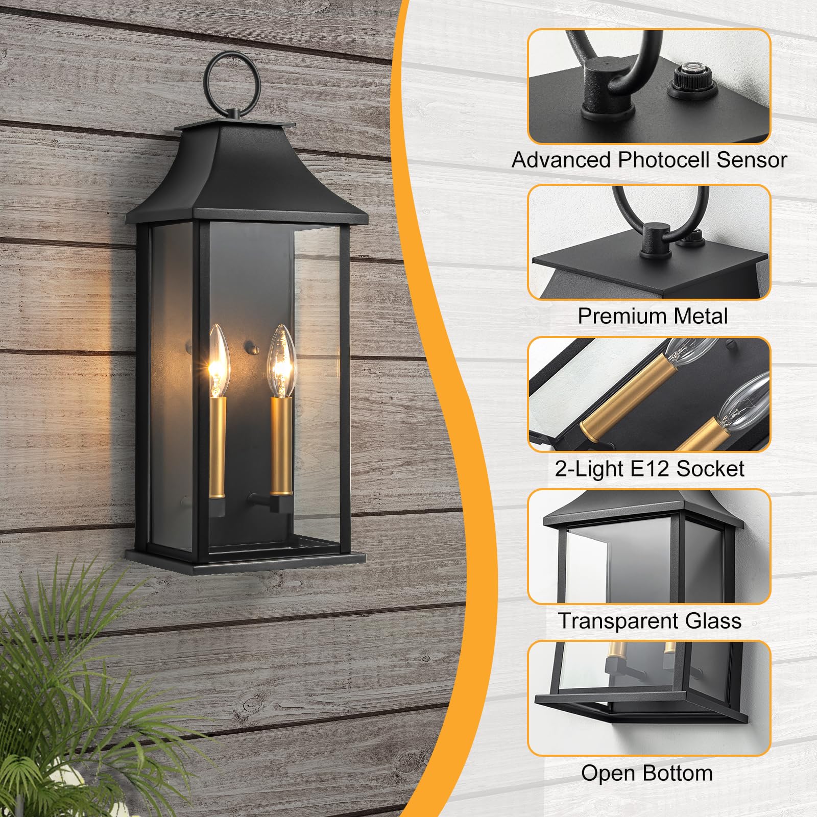 Lawyettle 21" Dusk to Dawn Outdoor Wall Lantern, Black Metal Sconce, Waterproof 2-Light Fixture for House, Porch, Garage - Model XG7008O-W2BK