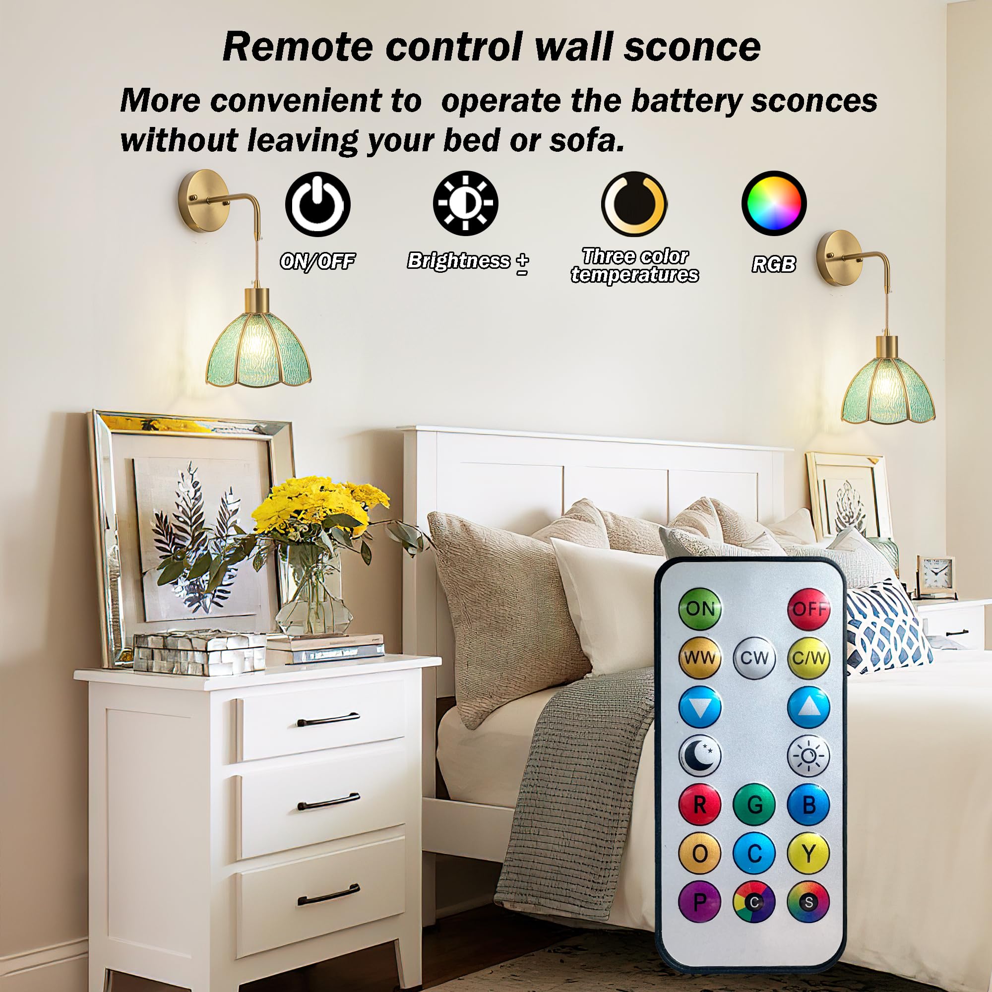 Battery Operated Wall Sconces Set Of Two, Indoor Not Hardwired Battery Wall Light With Remote Control, Rgb Color Changing Dimmable Battery Powered Wall Lamp For Bedroom, Easy To Install, Bulb Included
